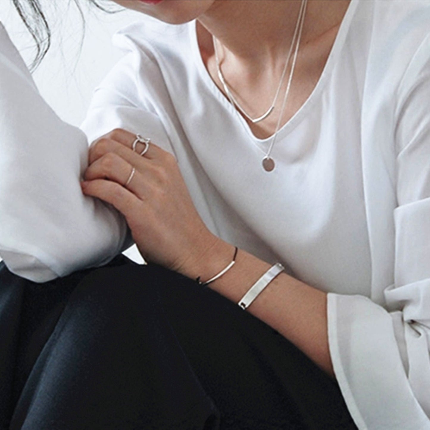 Sterling Silver Double Layer Disc Dot Pebble Charm Tube Curb Chain Necklace - sugarkittenlondon