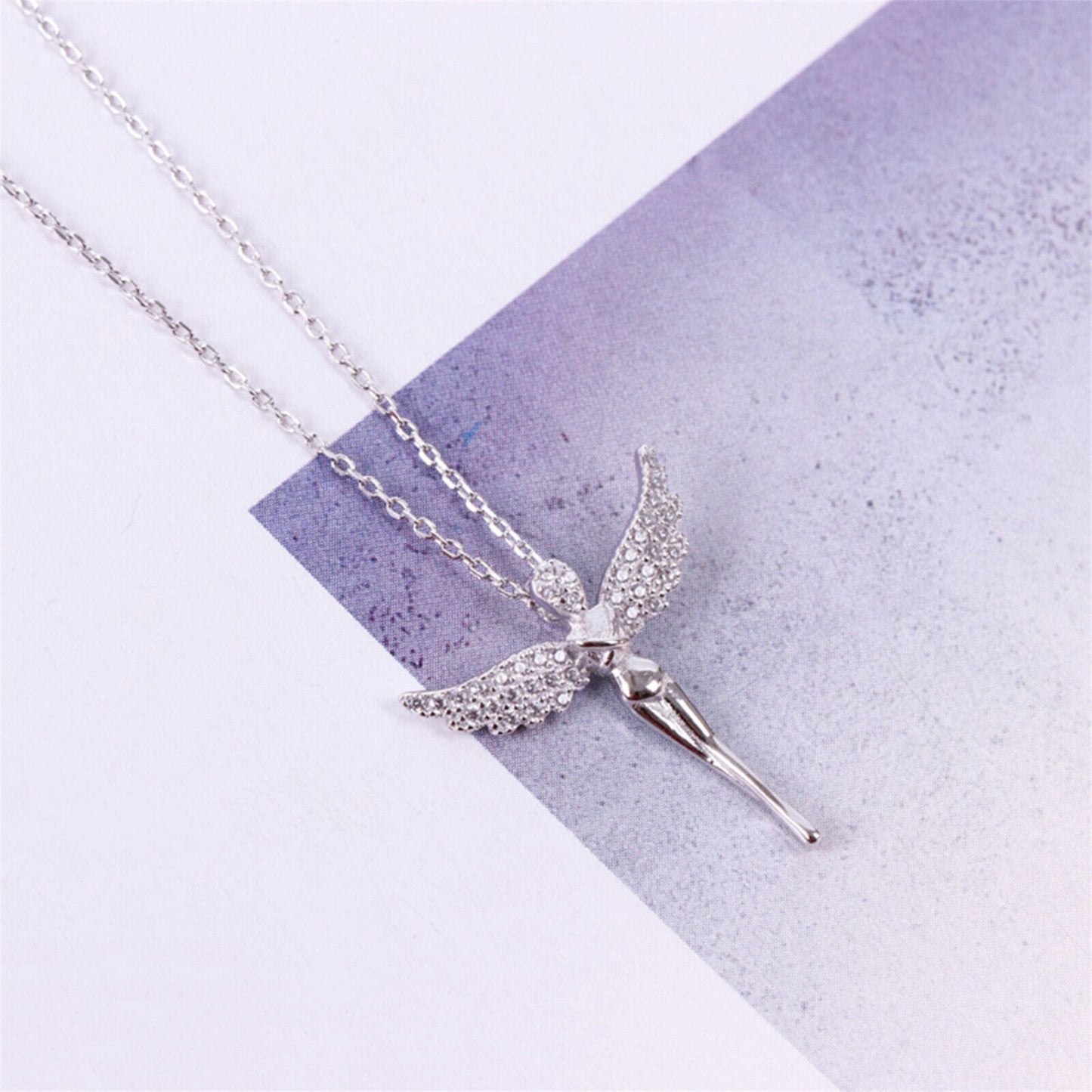 Sterling Silver Angel Paved CZ Wing Feather Cross Pendant Necklace - sugarkittenlondon