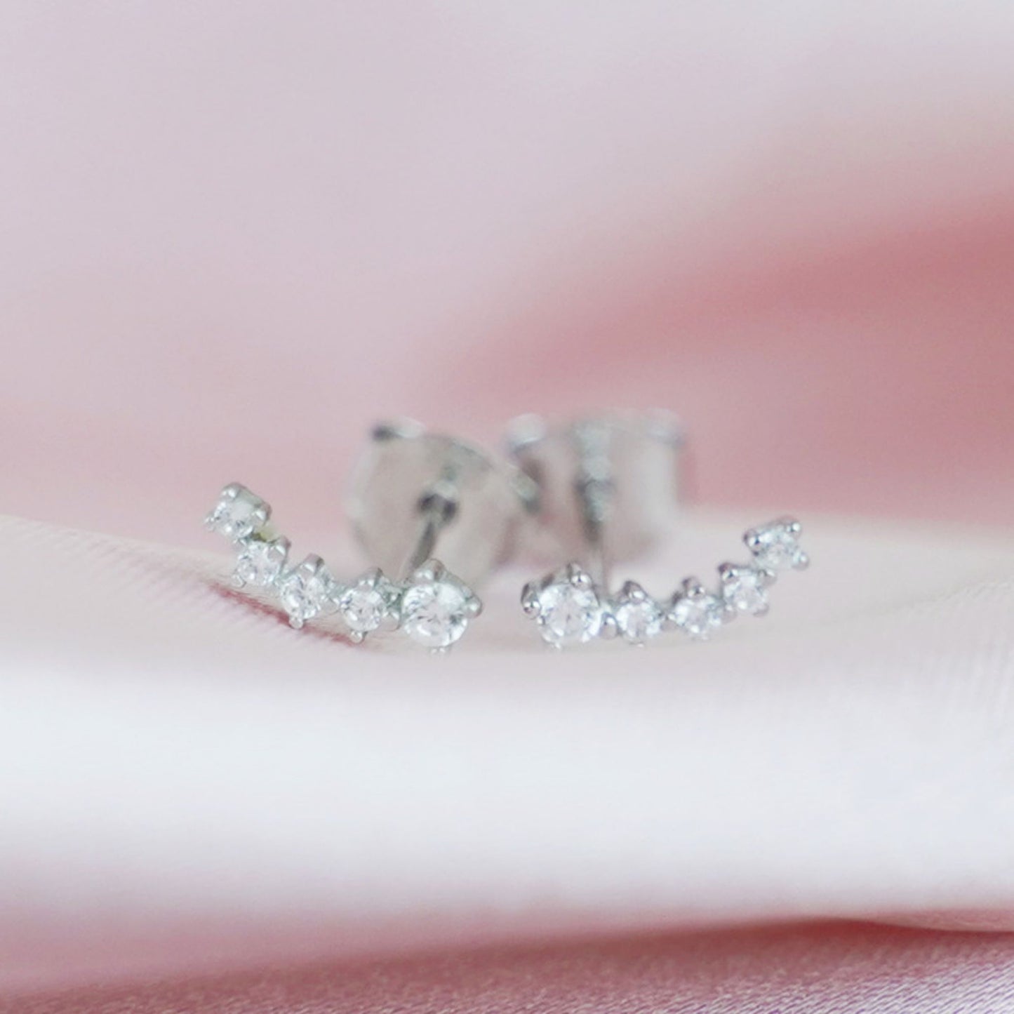 Rhodium on Sterling Silver Mini CZ Star Line Drop Climber Stud Earrings - sugarkittenlondon