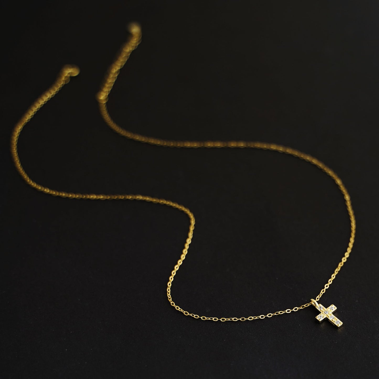Sterling Silver Small Cross Paved CZ Charm Pendant Chain Necklace 2 Tones - sugarkittenlondon