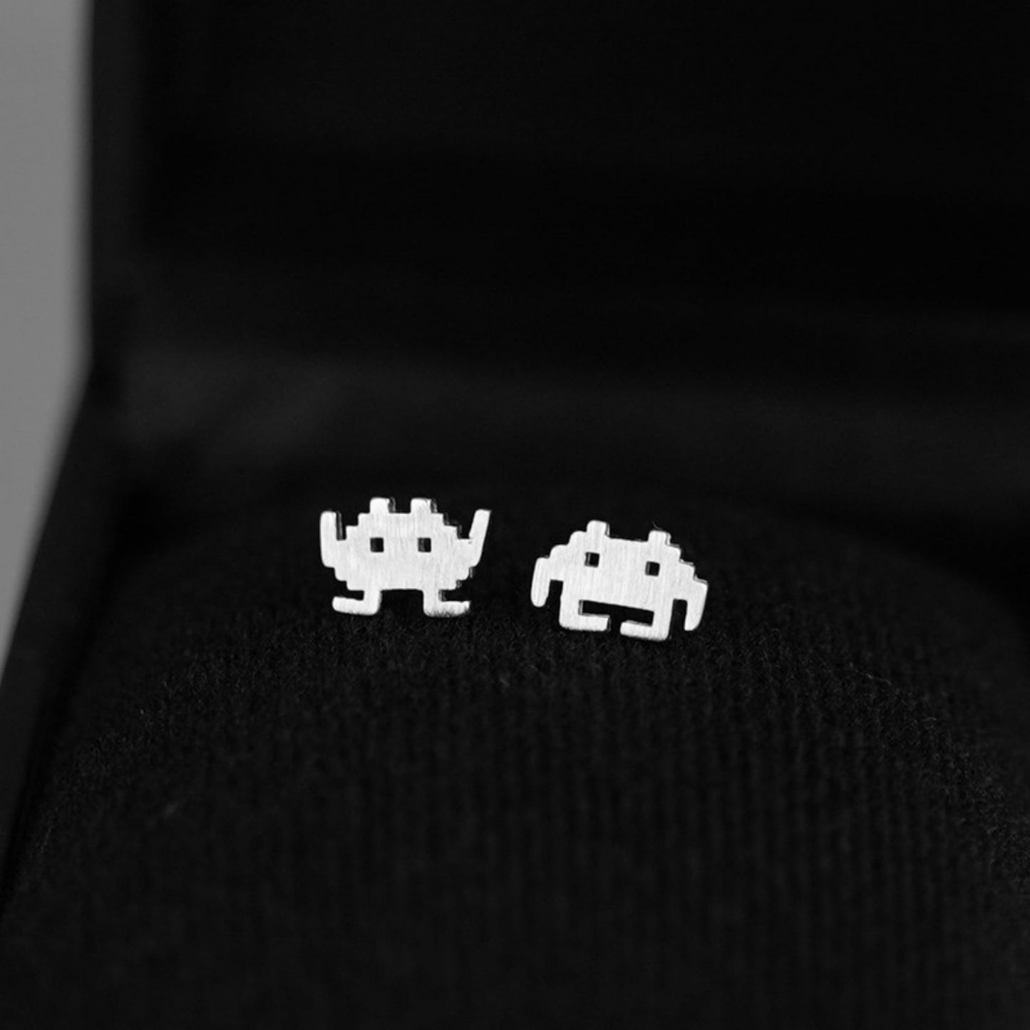 Sterling Silver Brushed Space Invader Aliens Robot Pixel Game Stud Earrings - sugarkittenlondon