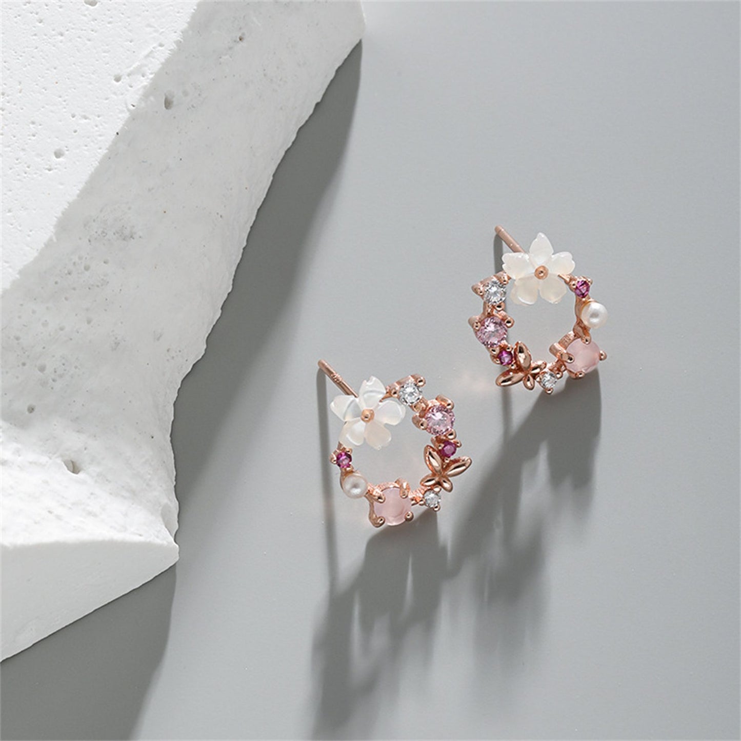 Sterling Silver Rose Gold Natural Mother of Pearl CZ Flower Butterfly Earrings - sugarkittenlondon