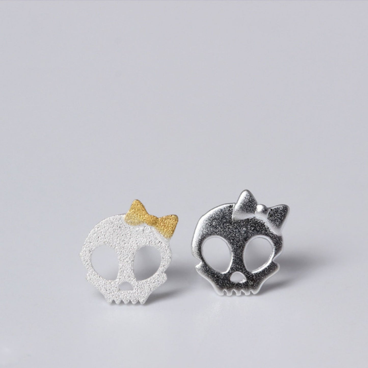 Gold on Sterling Silver Matte Sugar Bow Skull Skeleton Post Studs Earrings - sugarkittenlondon
