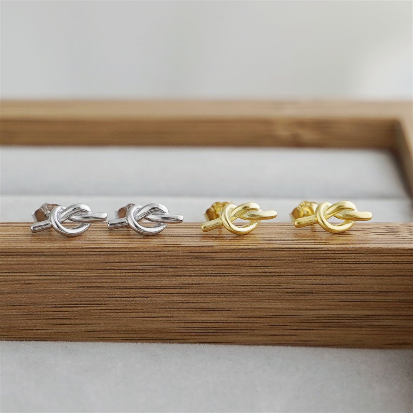 18K Gold on Sterling Silver Solid Love Heart Knot Pretzel Knot Stud Earrings - sugarkittenlondon