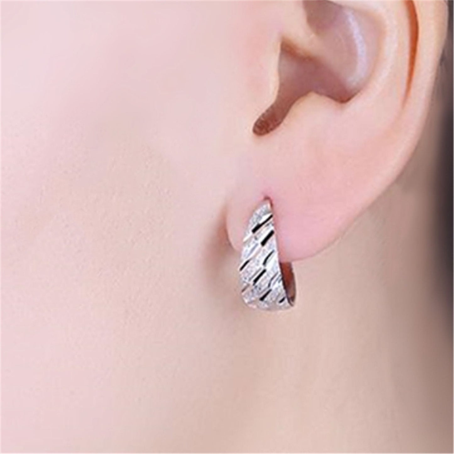 Sterling Silver Wide Diagonal Grooved Sandblasted Dome Sleeper Hoop Earrings