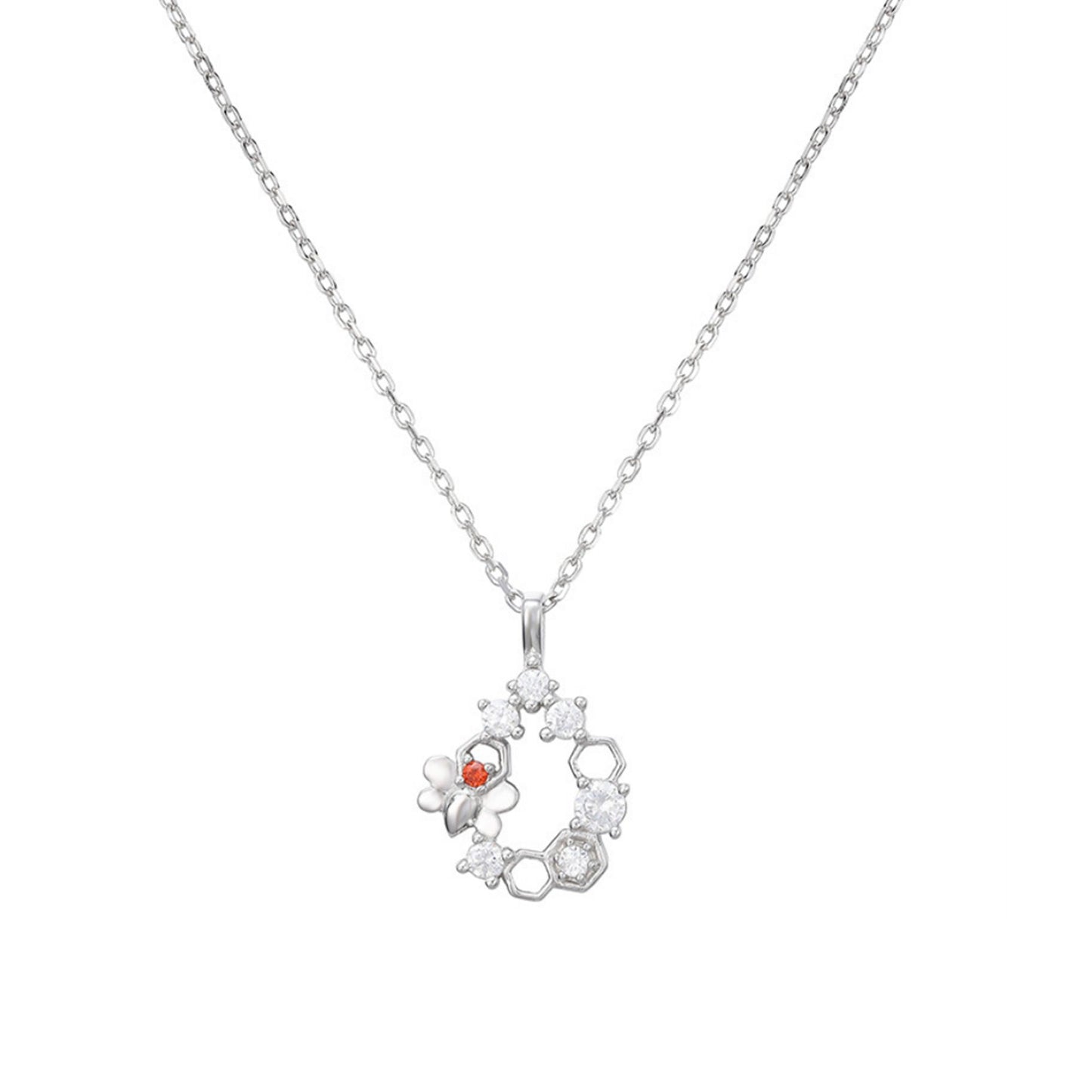 Sterling Silver Bee On Honeycomb Red White CZ Beehive Wreath Pendant Necklace - sugarkittenlondon