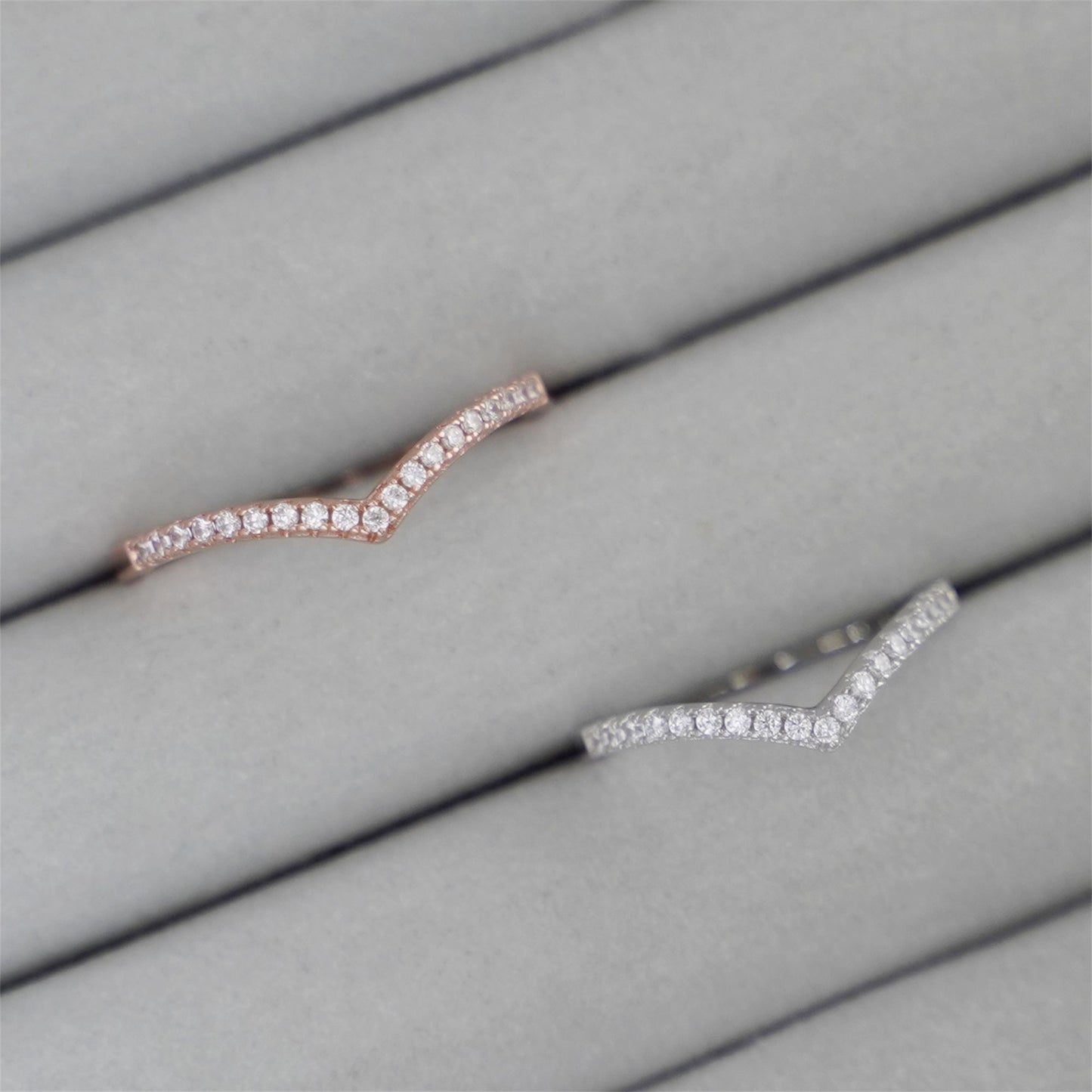 Rose Gold on Sterling Silver Wishbone Chevron Half Eternity 1.5mm Pave CZ Ring - sugarkittenlondon