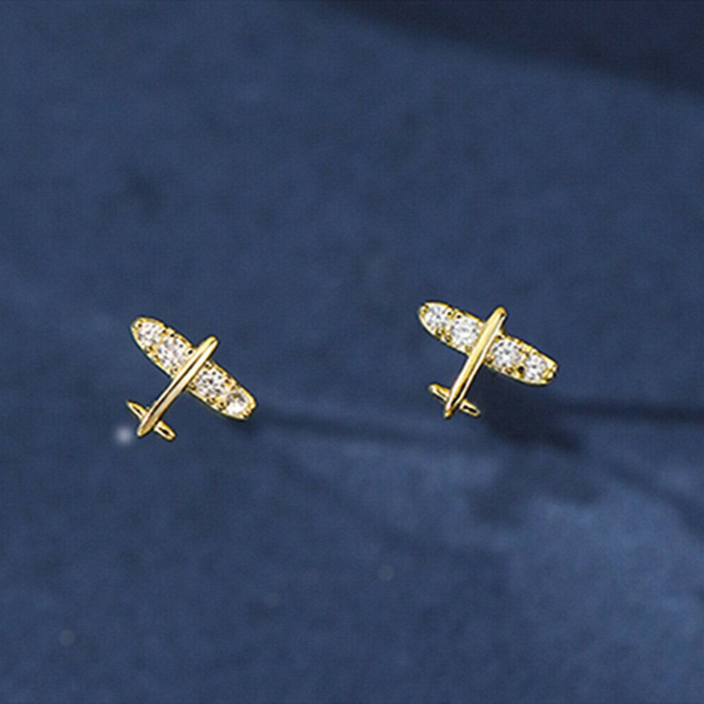 18K Gold on Sterling Silver Airplane CZ Stud Earrings
