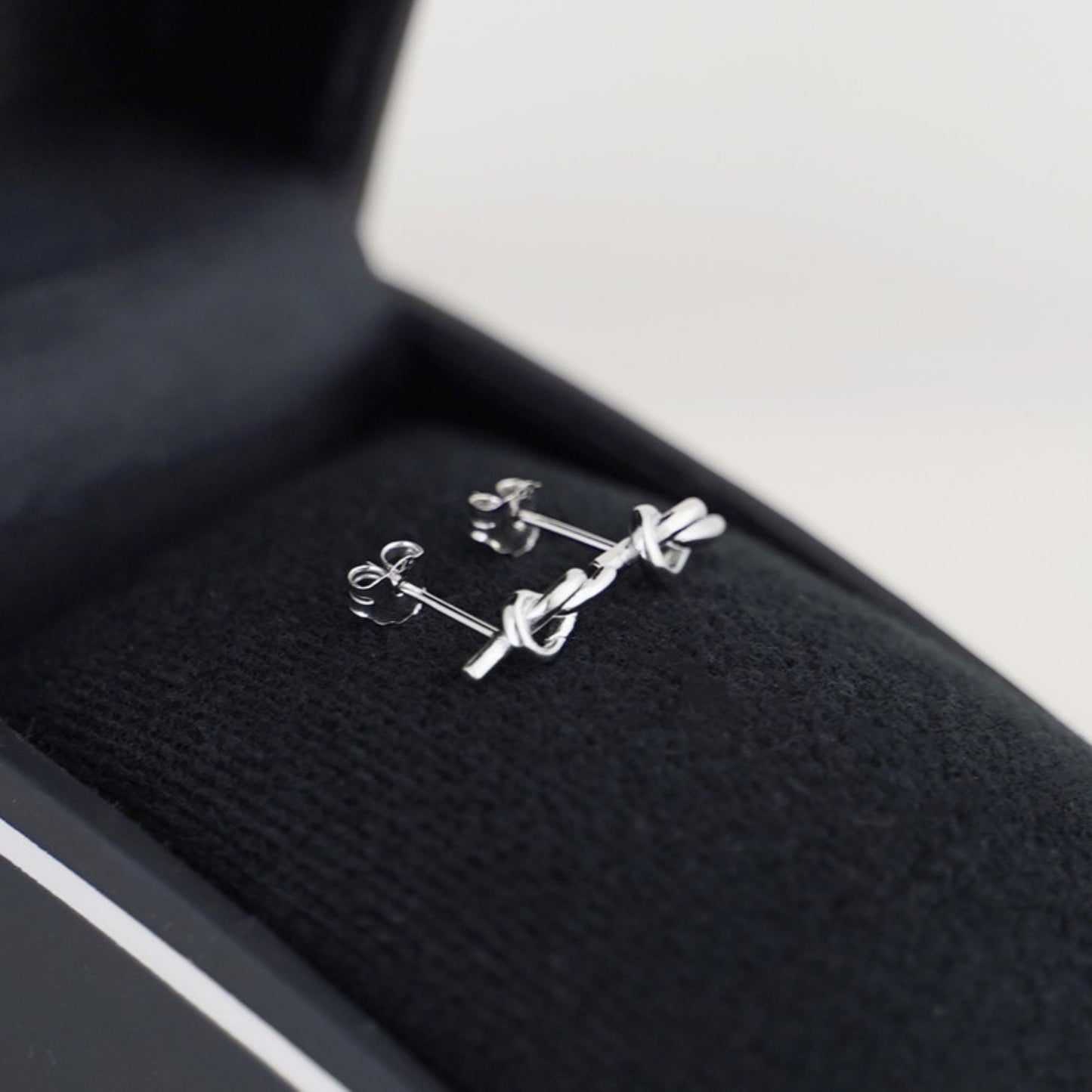 Rhodium on Sterling Silver Solid Love Heart Knot Pretzel Knot Stud Earrings - sugarkittenlondon