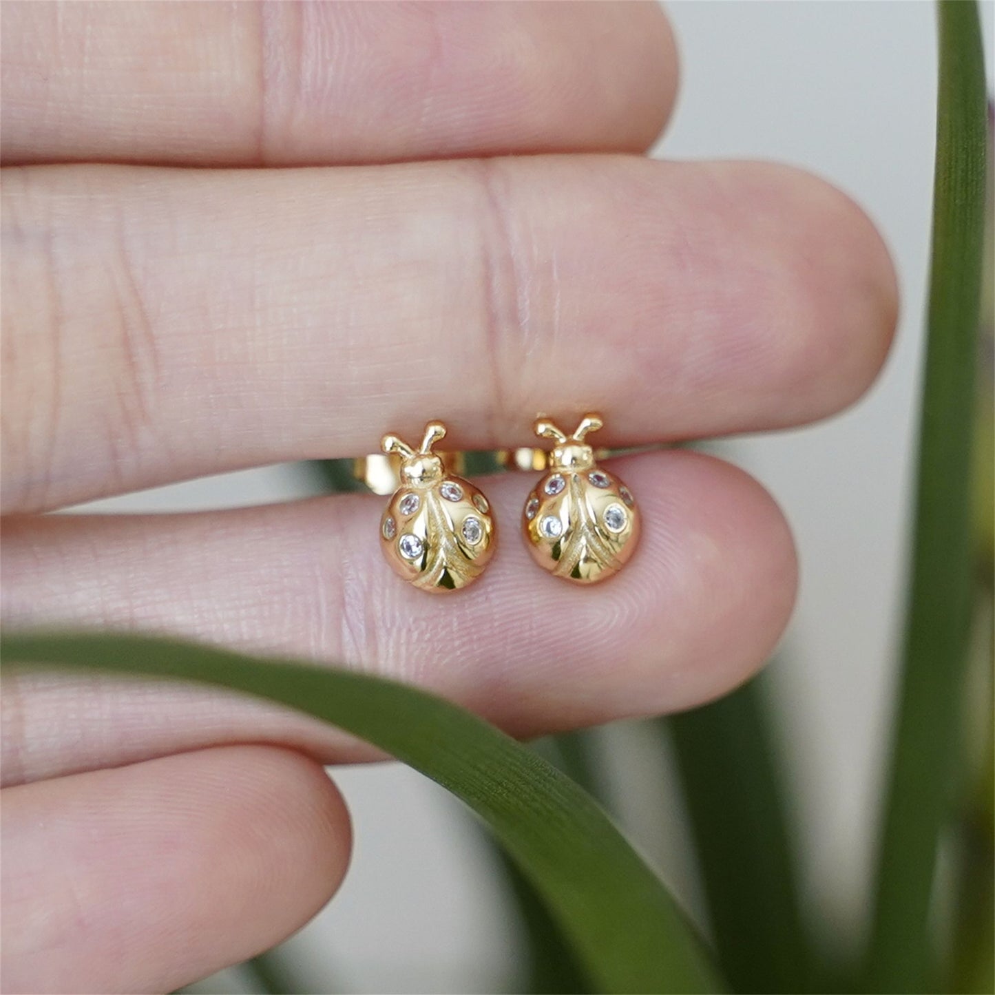 18K Gold on Sterling Silver Ladybird Stud Earrings with CZ
