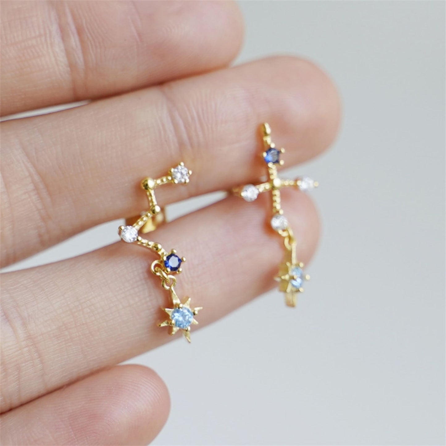 18K Gold on Sterling Silver CZ Big Dipper Blue Polaris Star Cross Climber Drop Earrings - sugarkittenlondon