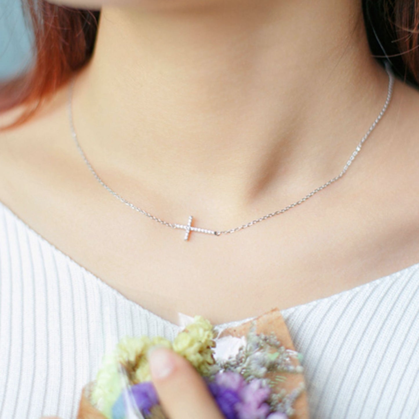 Sterling Silver Sideways Cross Micro Pave CZ Horizontal Pendant Necklace - sugarkittenlondon
