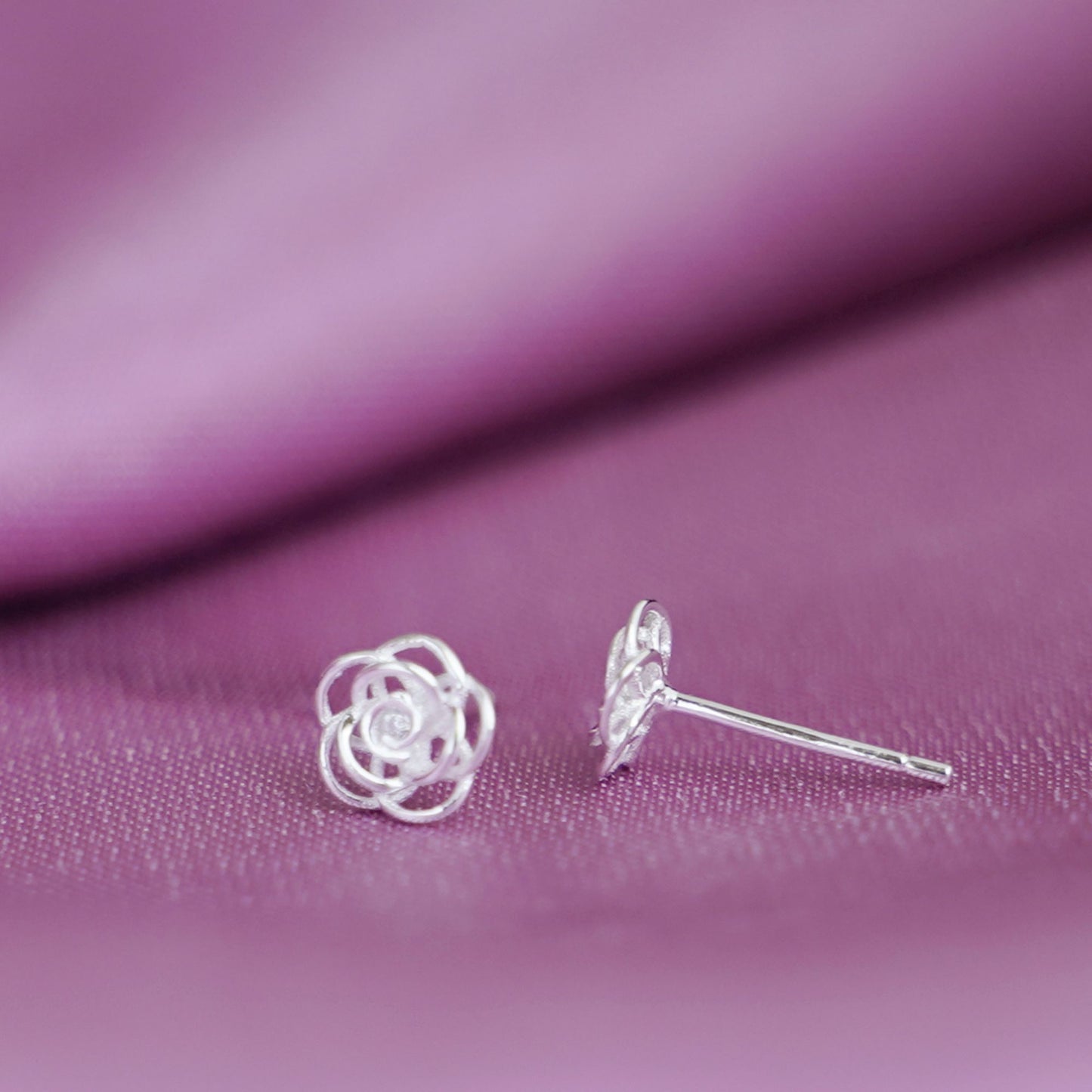 925 Sterling Silver Rose Flower 3D Hollow Stud Earrings with CZ - Gift Boxed