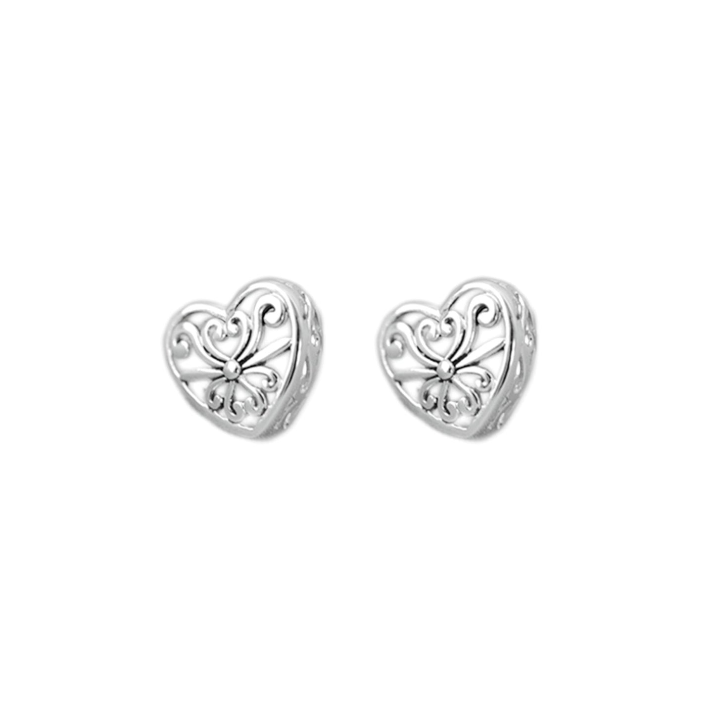 Rhodium on Sterling Silver Filigree Hollow Love Heart Love Box Stud Earrings - sugarkittenlondon