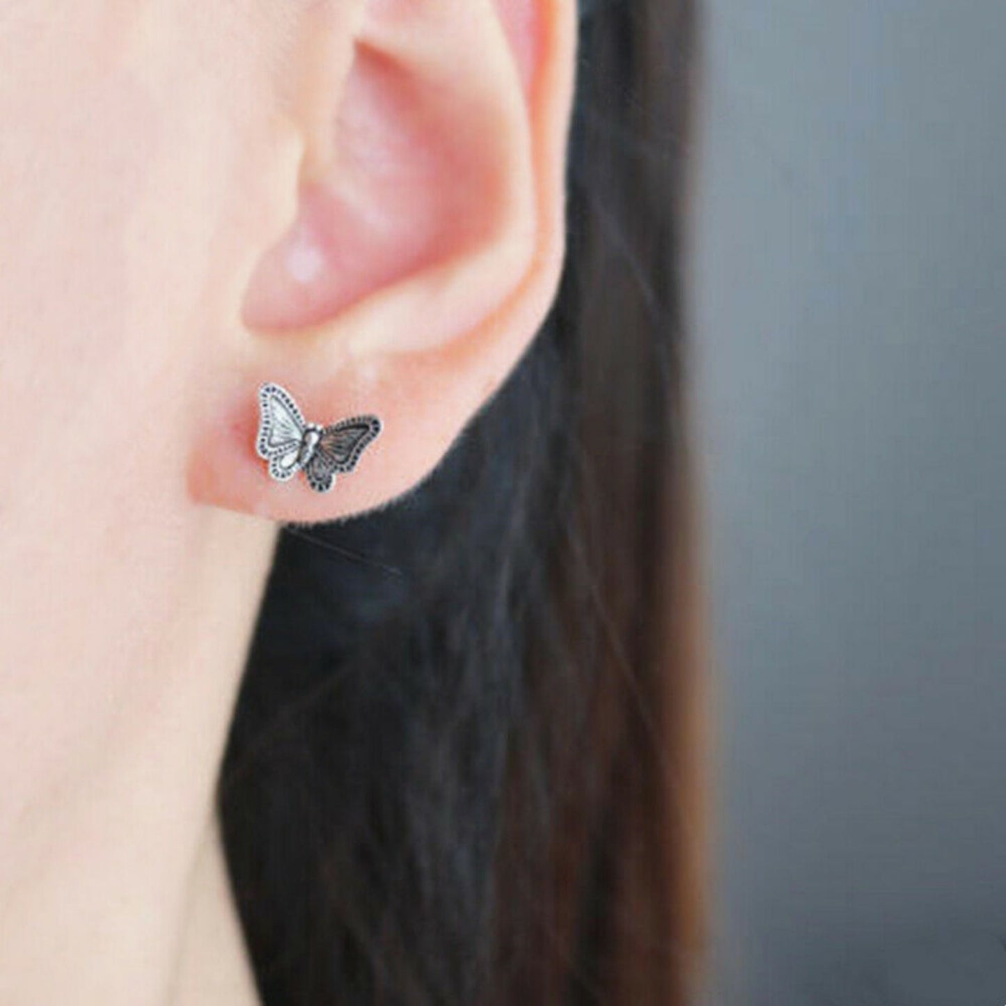 Sterling Silver Butterfly Studs Oxidized Dark Vintage Post Earrings - sugarkittenlondon
