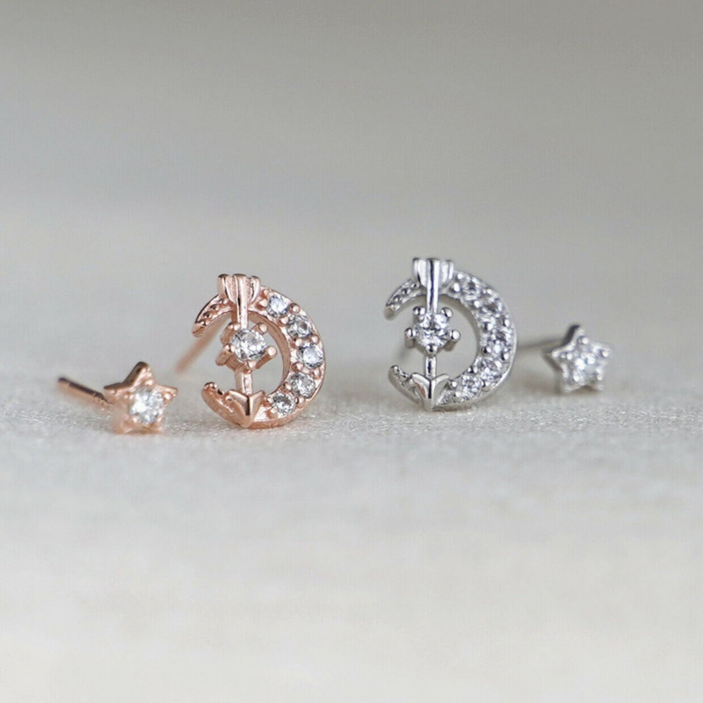 Sterling Silver Moon Star Love Arrow Stud Earrings with CZ Paving and Rhodium Plating
