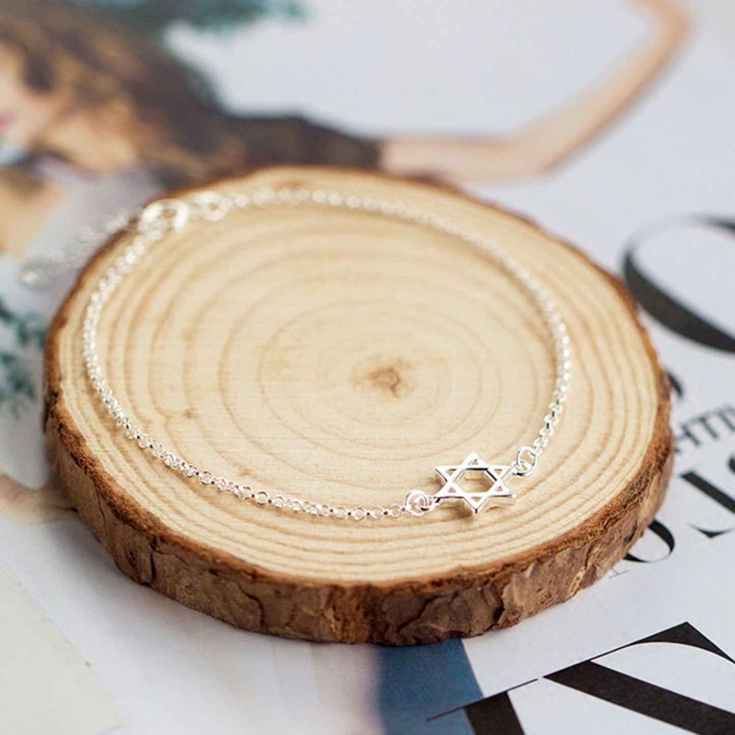Sterling Silver Star of David Bracelet with Round Belcher Chain