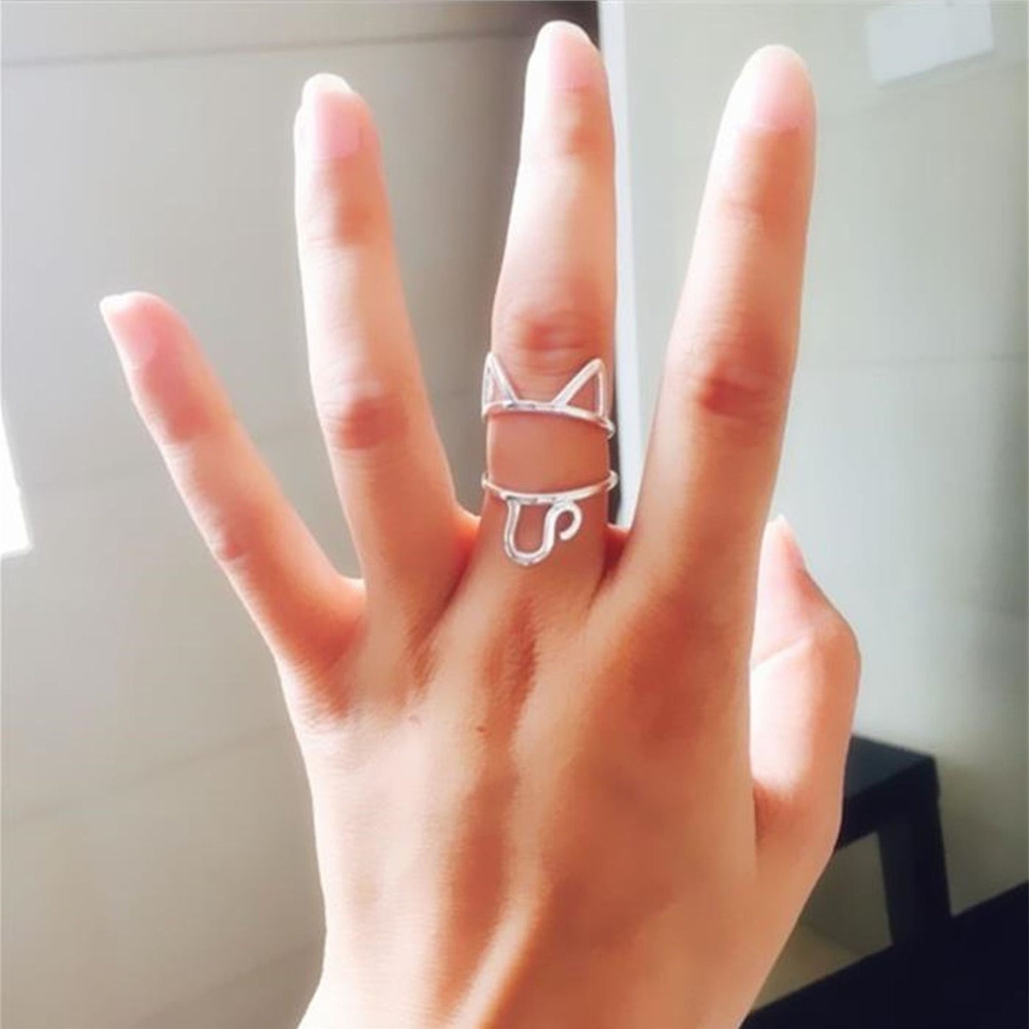 Sterling Silver Hollow Cat Kitten Long Tail Wrap Ring N Adjustable - sugarkittenlondon