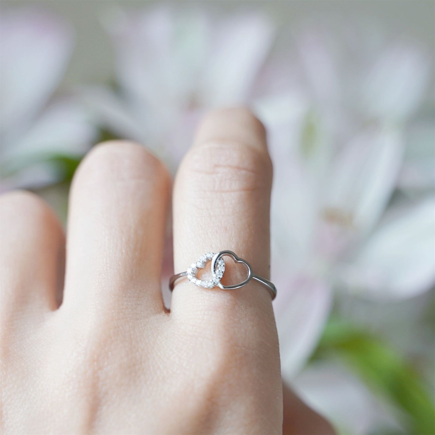 Rhodium Love Ring with Sterling Silver Linked Hearts and Crystal CZ Paving