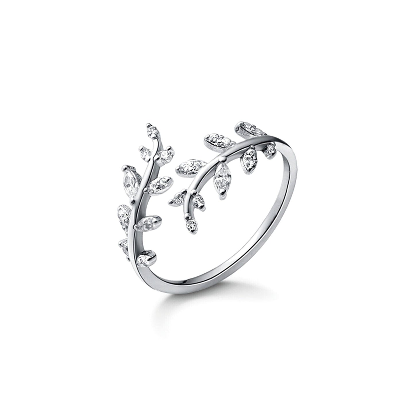 Rhodium on Sterling Silver Sparkling Crystal CZ Leaf Feather Bridal Wrap Ring - sugarkittenlondon