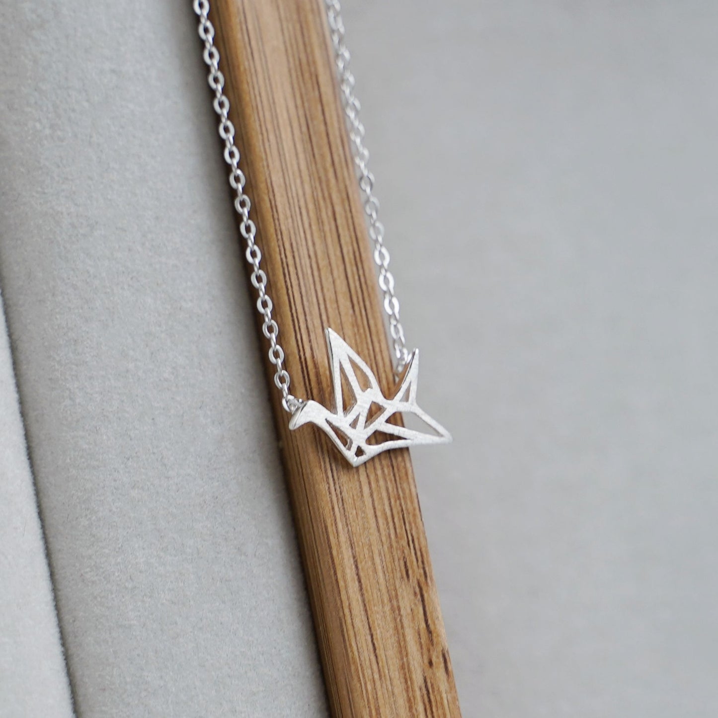 Sterling Silver Matte Brushed Origami Crane Bird Charm Pendant Necklace - sugarkittenlondon