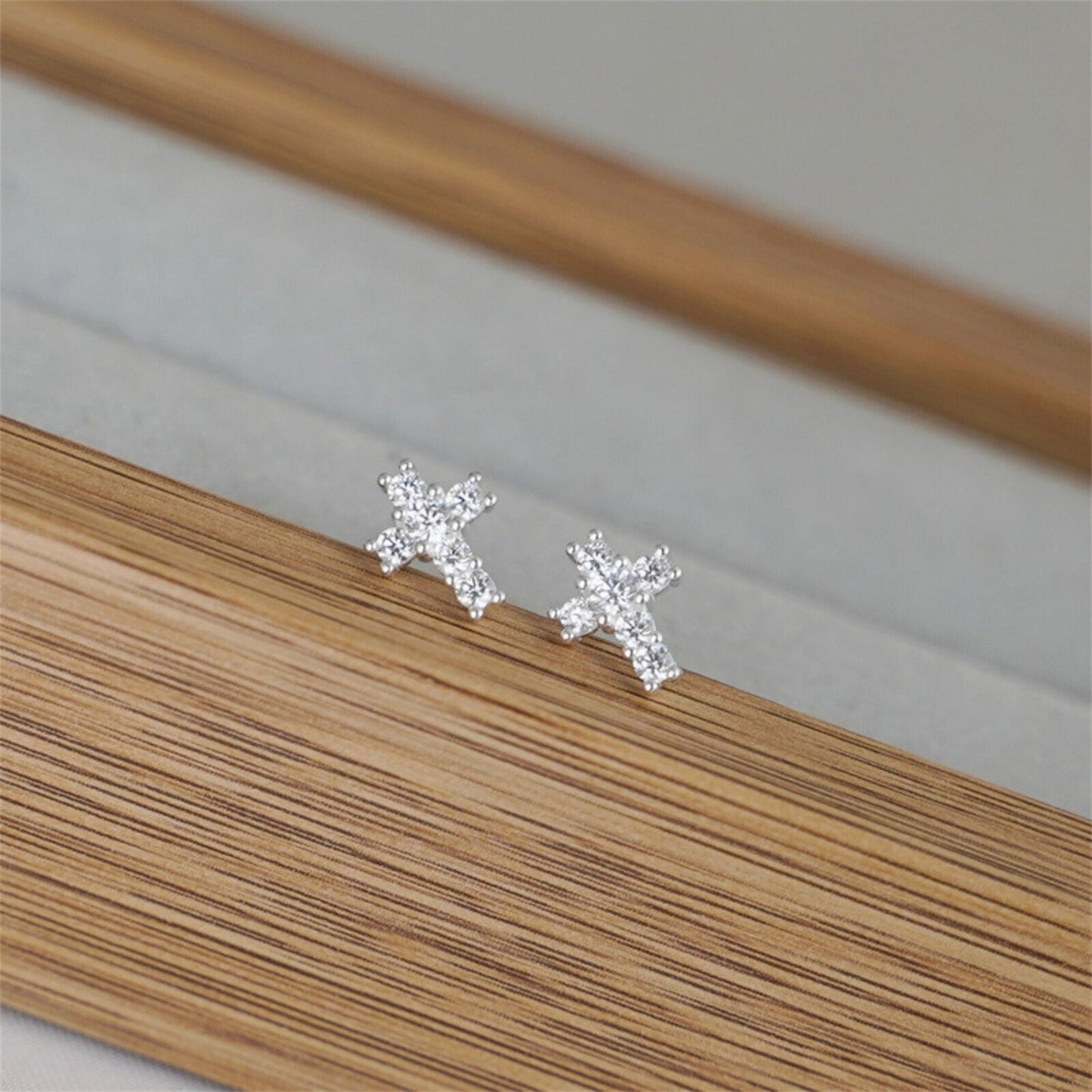 Sterling Silver Mini Cross Claw Set Clear CZ Stud Earrings - sugarkittenlondon