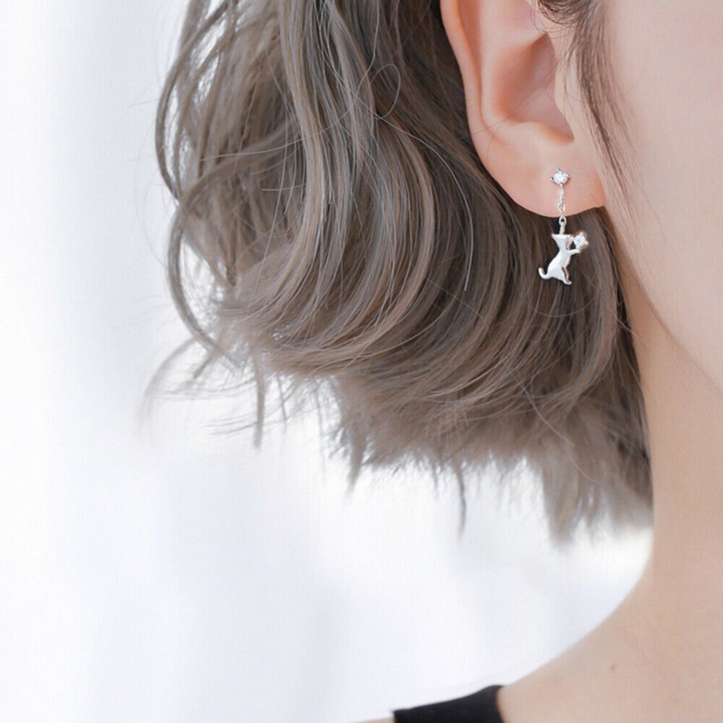 925 Sterling Silver CZ Courting Cat Playful Kitten Drop Stud Earrings