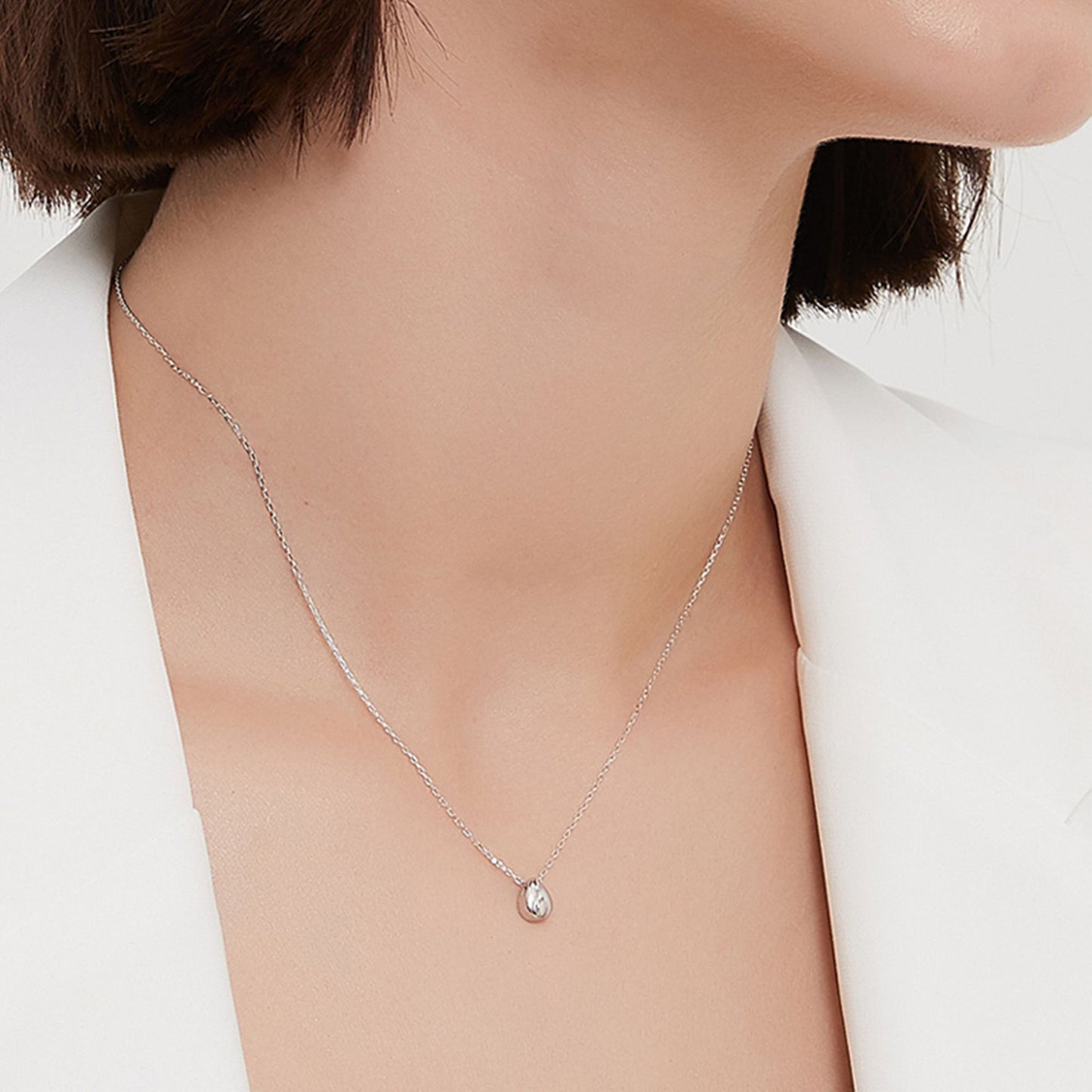 Rhodium on Sterling Silver Shiny Dome Waterdrop Pear Teardrop Bead Necklace - sugarkittenlondon