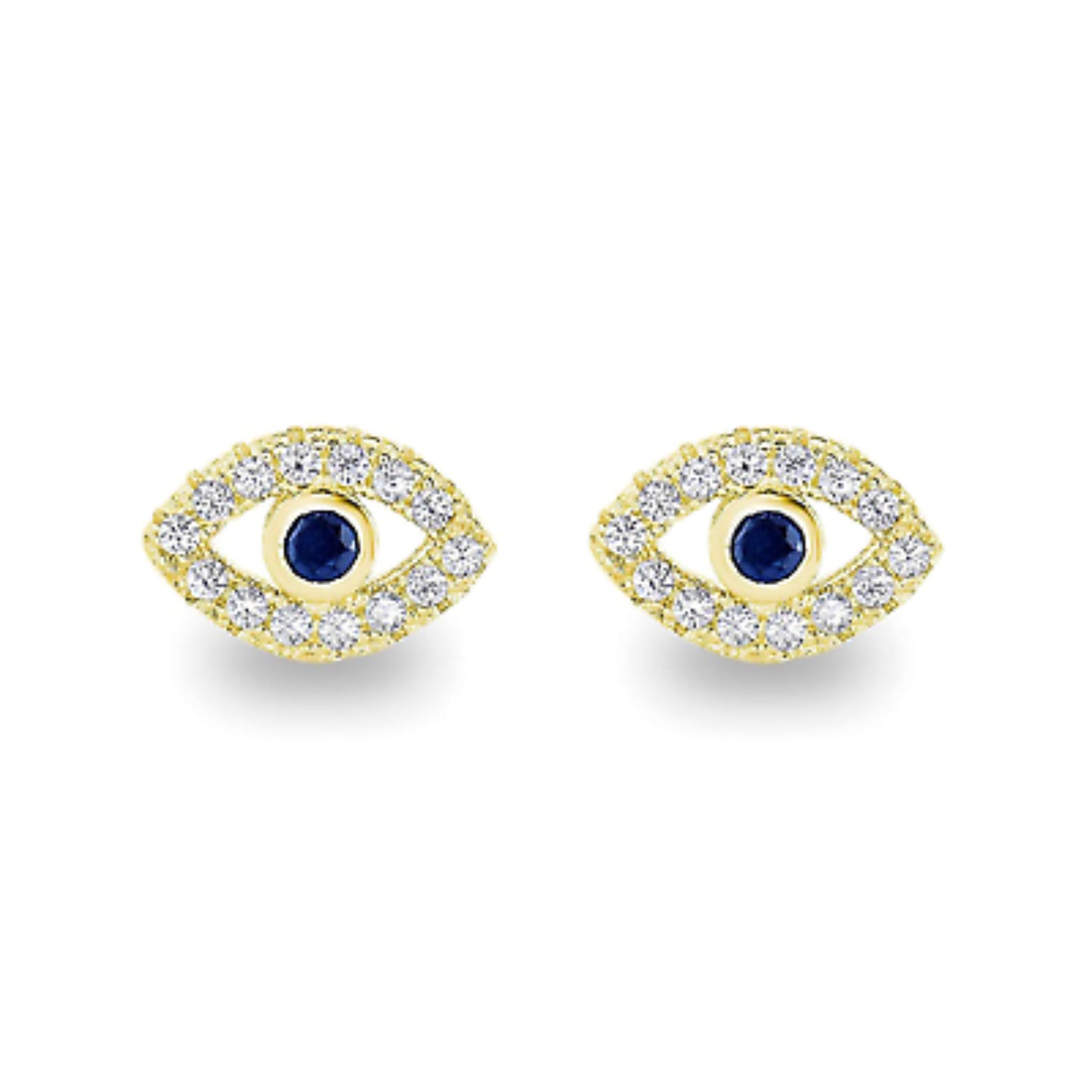 Sterling Silver Evil Eye Stud Earrings with 14K Gold Plating and Blue and White CZ