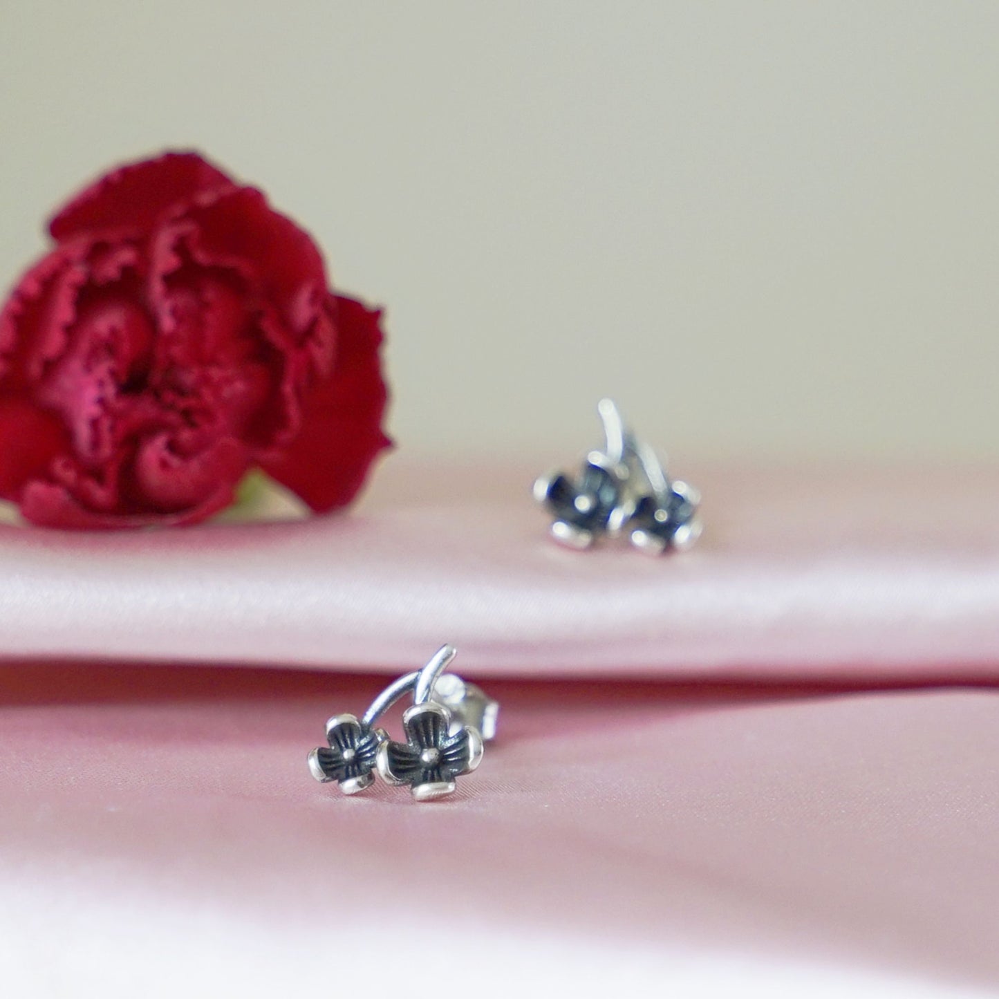 Sterling Silver Oxidized Retro Flower Branch Blossom Pair Drop Stud Earrings - sugarkittenlondon