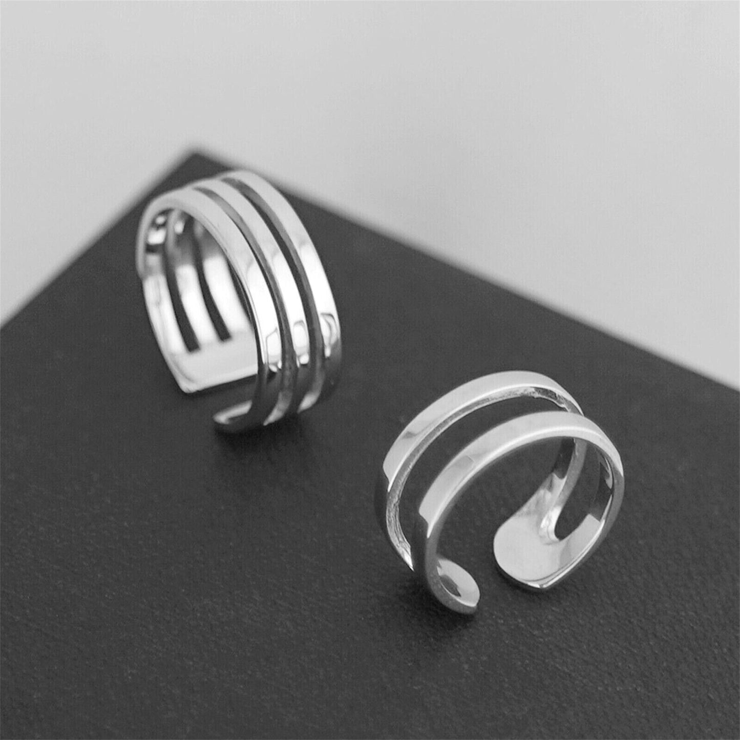 Sterling Silver Couple Rings Double Triple Parallel Bar Wide Line Open Band Ring - sugarkittenlondon