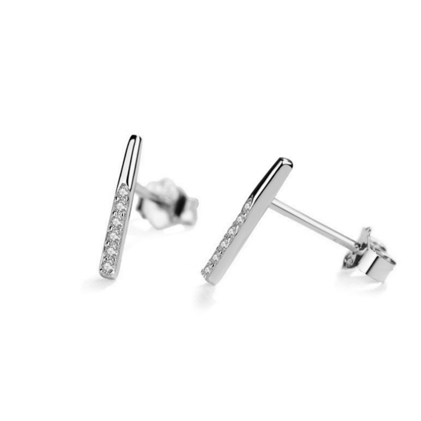 Sterling Silver Simple Paved CZ Pin Line Pointy Bar Stud Earrings - sugarkittenlondon