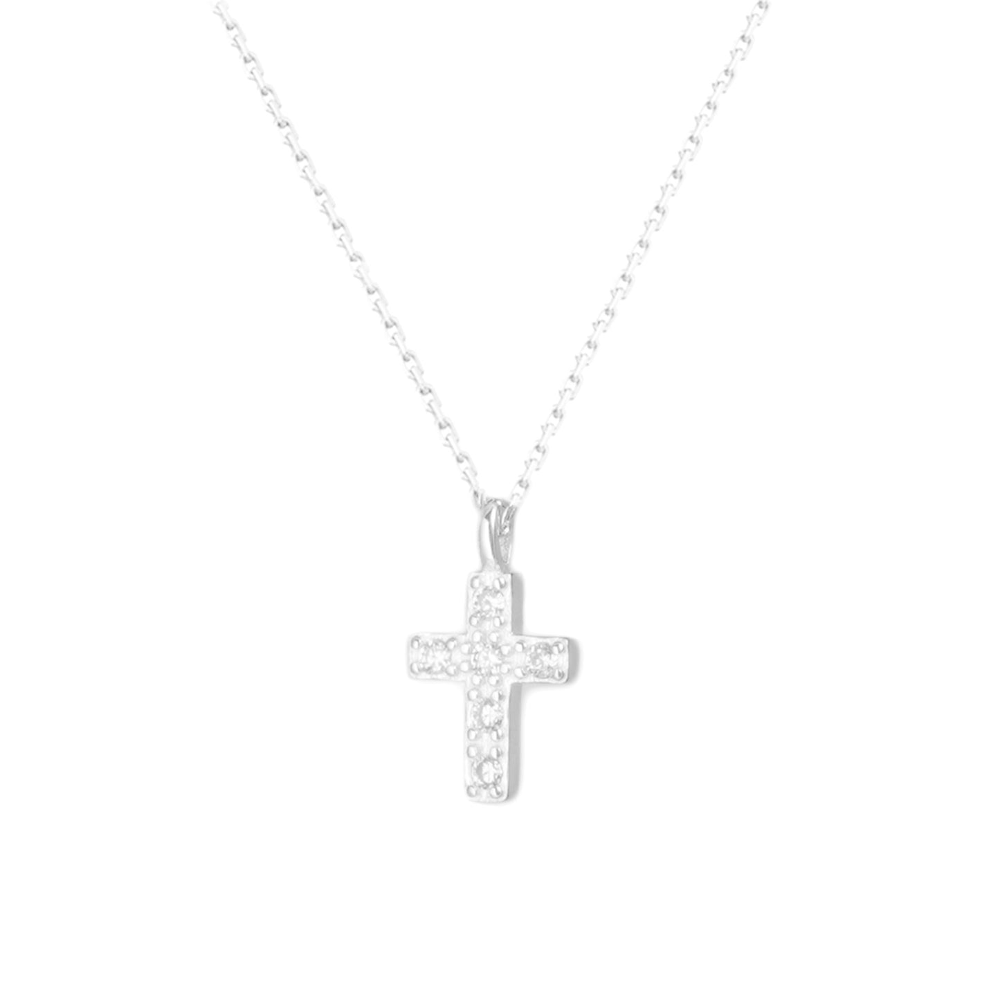 Sterling Silver Small Cross Paved CZ Charm Pendant Chain Necklace 2 Tones - sugarkittenlondon