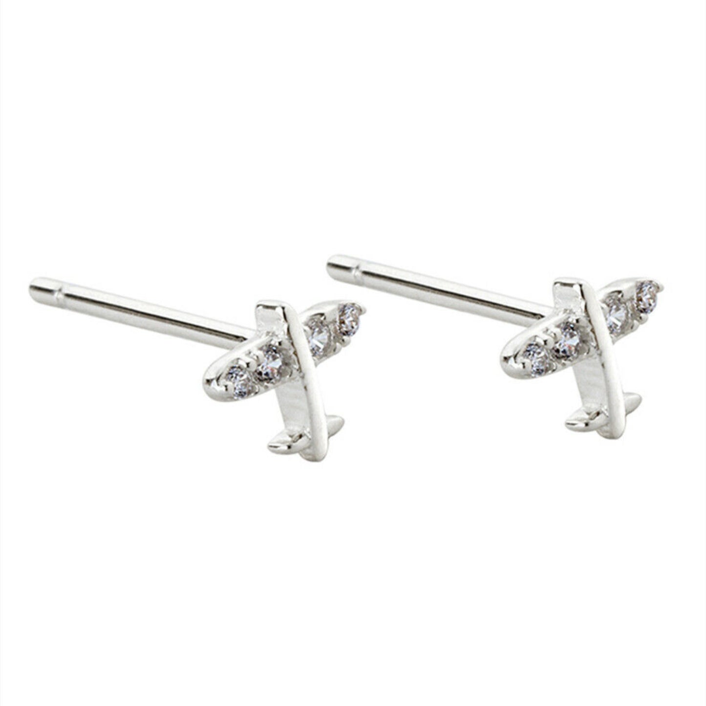 Mini CZ Airplane Stud Earrings in Sterling Silver with Rhodium Plating
