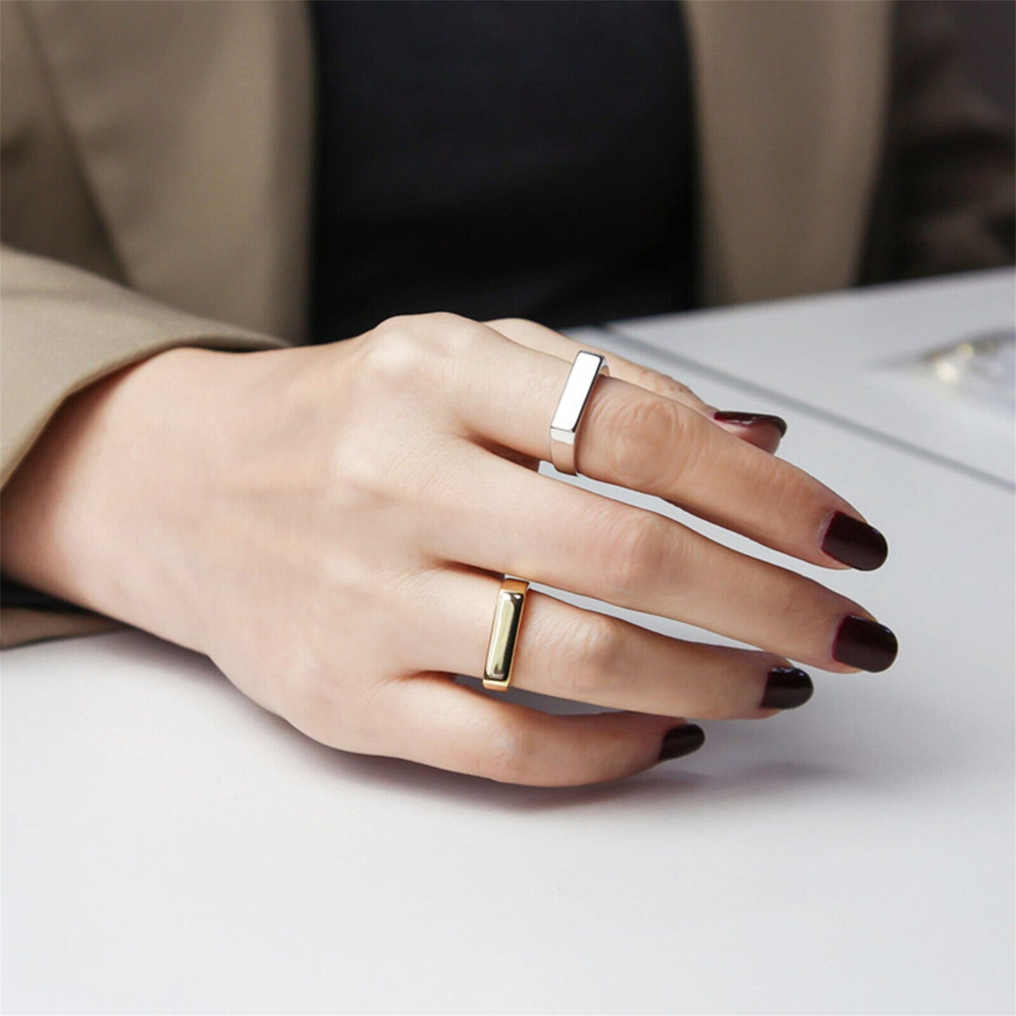 Rhodium on Sterling Silver Polished Plain Square Unisex Signet Open Band Ring - sugarkittenlondon