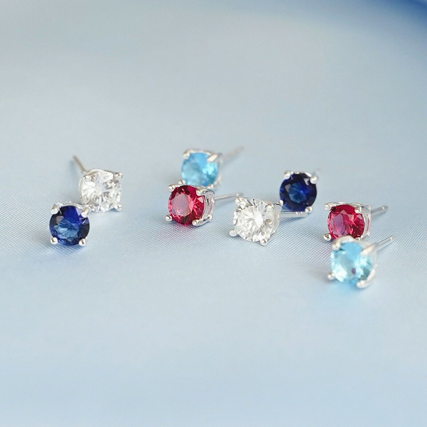 Sterling Silver 4 Claw Round 5mm CZ Ruby Sapphire Red Blue Stud Earrings - sugarkittenlondon