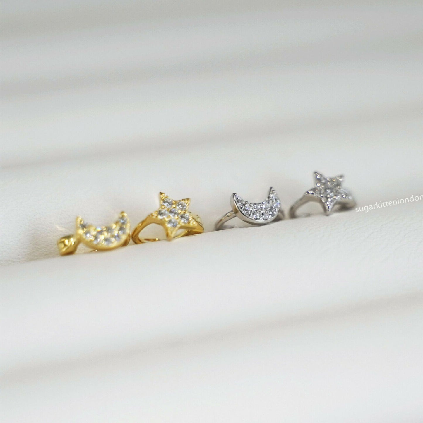 Sterling Silver Mini 6mm Hoop Shiny CZ Star Moon Huggie Hinged Earrings - sugarkittenlondon