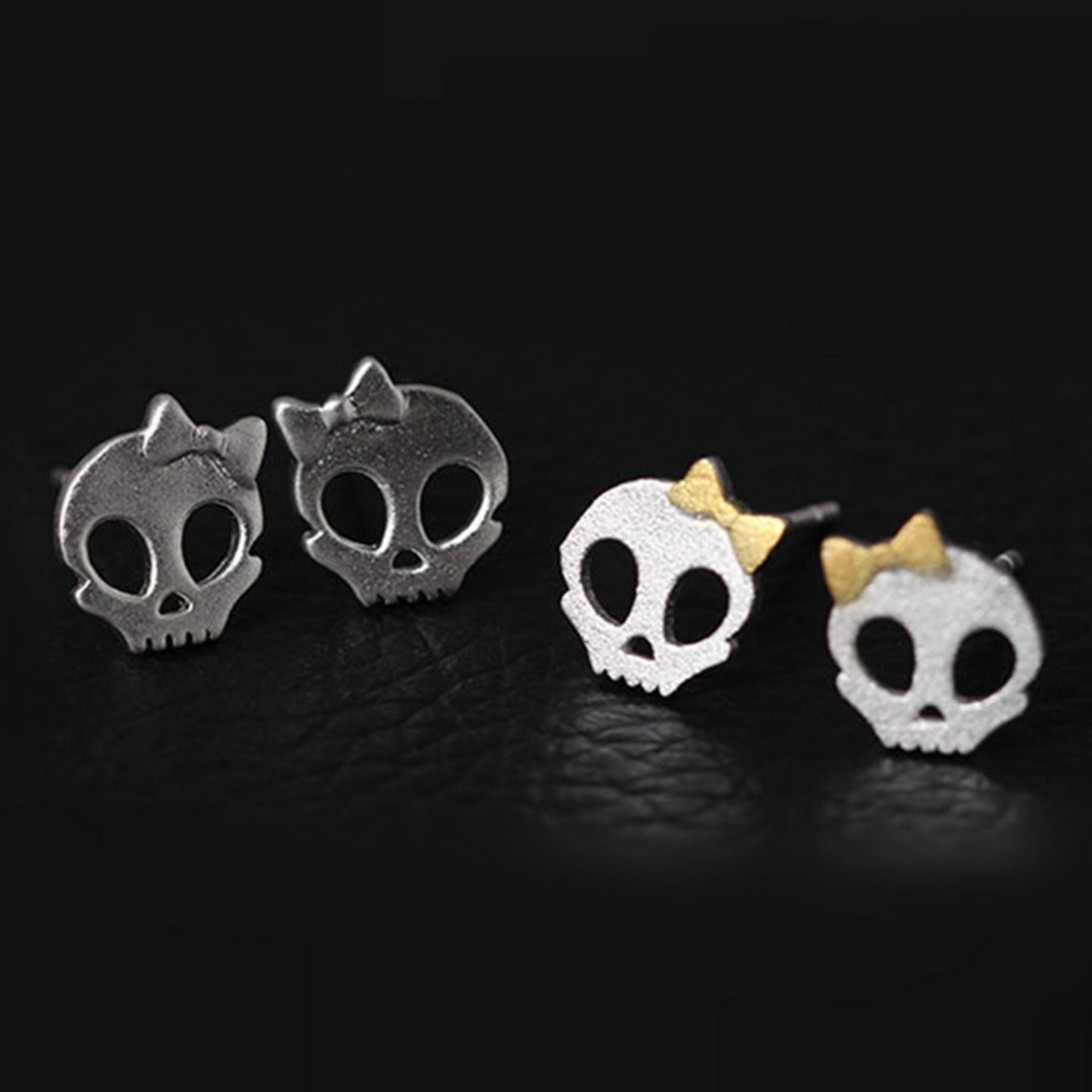 Gold on Sterling Silver Matte Sugar Bow Skull Skeleton Post Studs Earrings - sugarkittenlondon