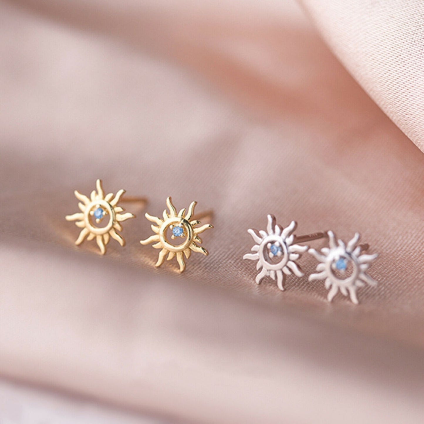 Sparkling Sun Earrings with Light Blue Aquamarine CZ in 925 Sterling Silver