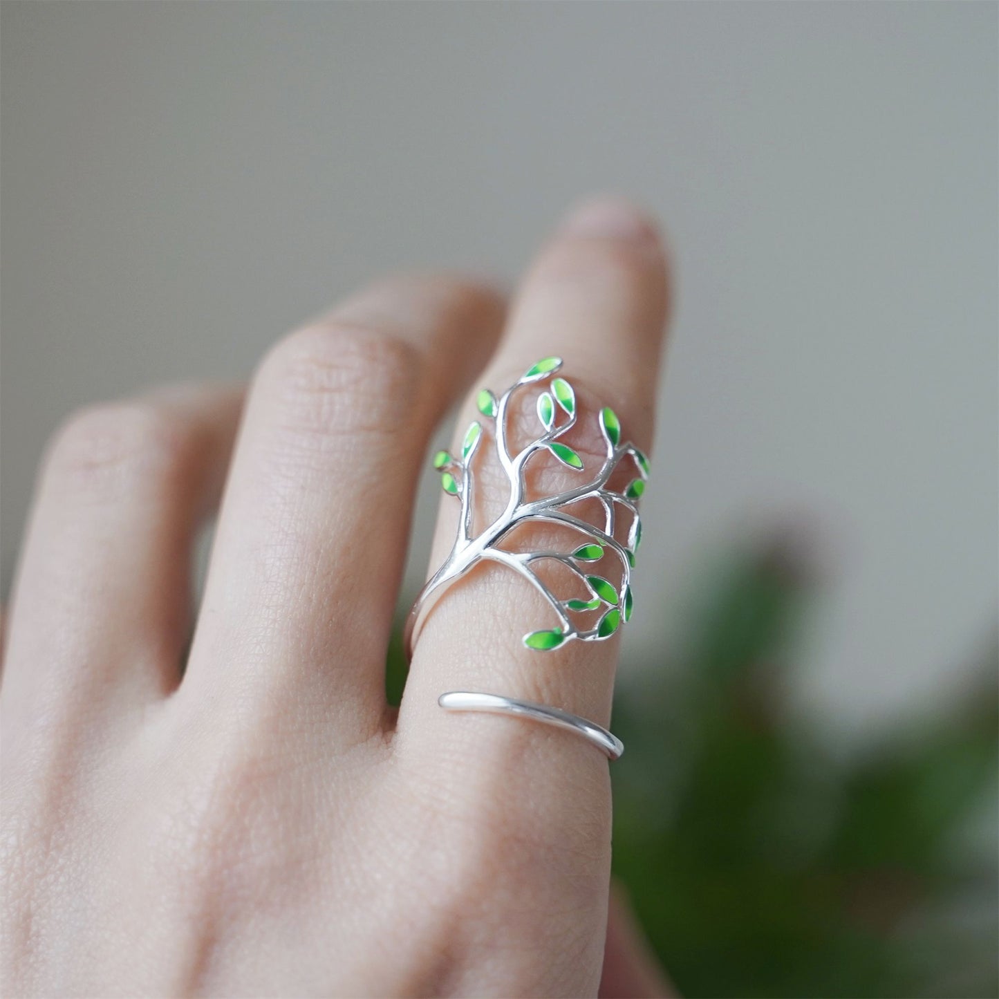 Sterling Silver Tree of Life Green Glazed Leaf Branch Forest Wrap Ring - sugarkittenlondon