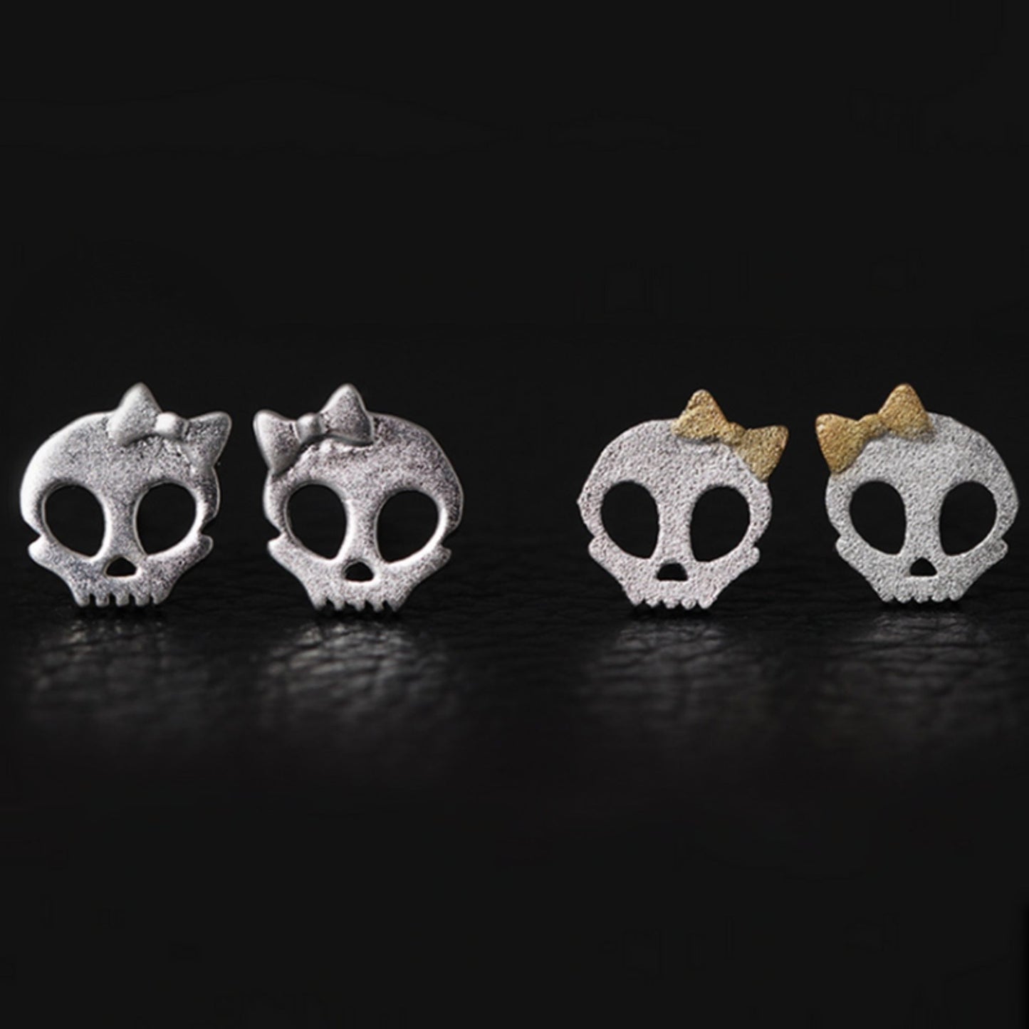 Sterling Silver Matte Sugar Bow Skull Skeleton Post Studs Earrings - sugarkittenlondon