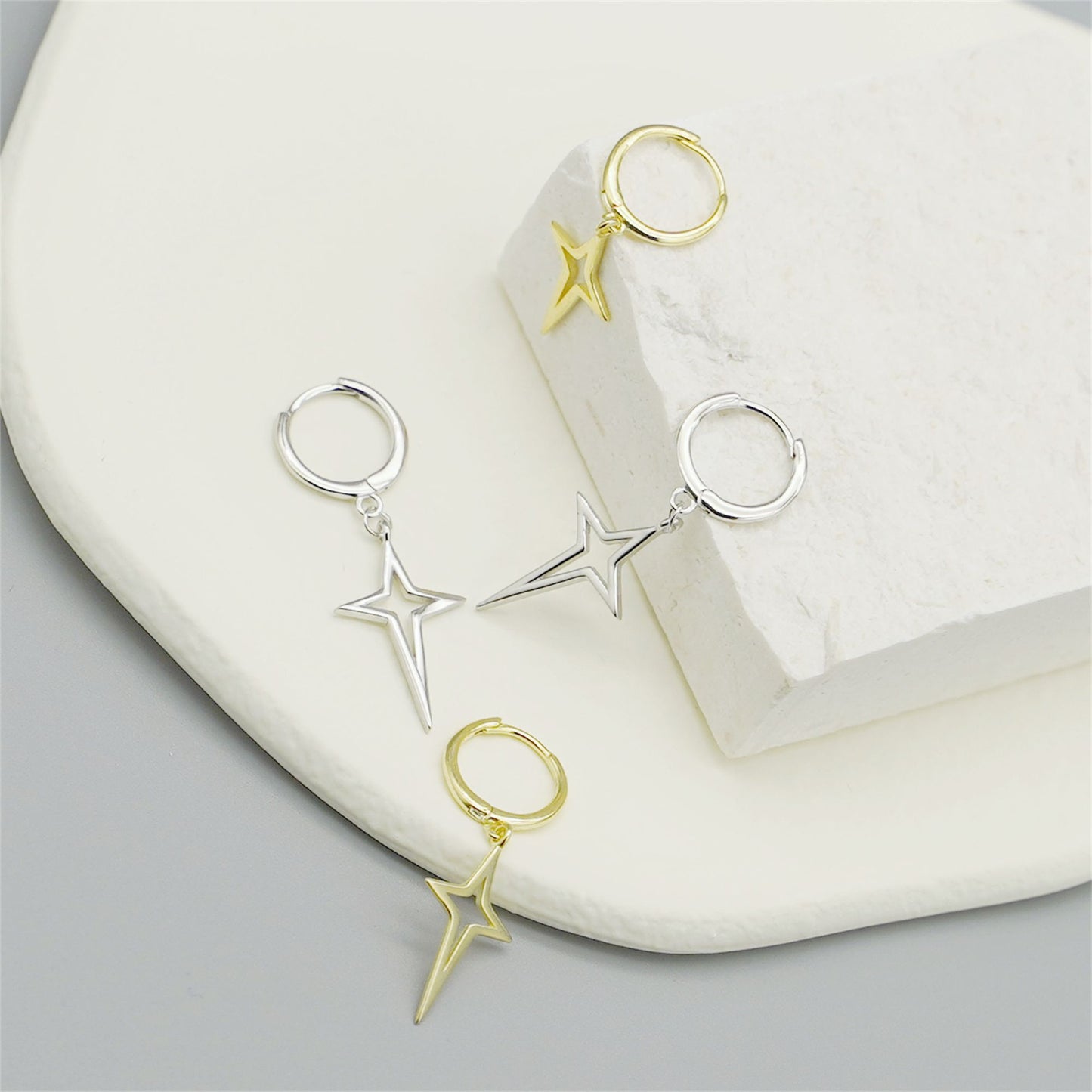 Sterling Silver Sleeper Hoop Earrings with Cross Drop Charm in 2 Tones