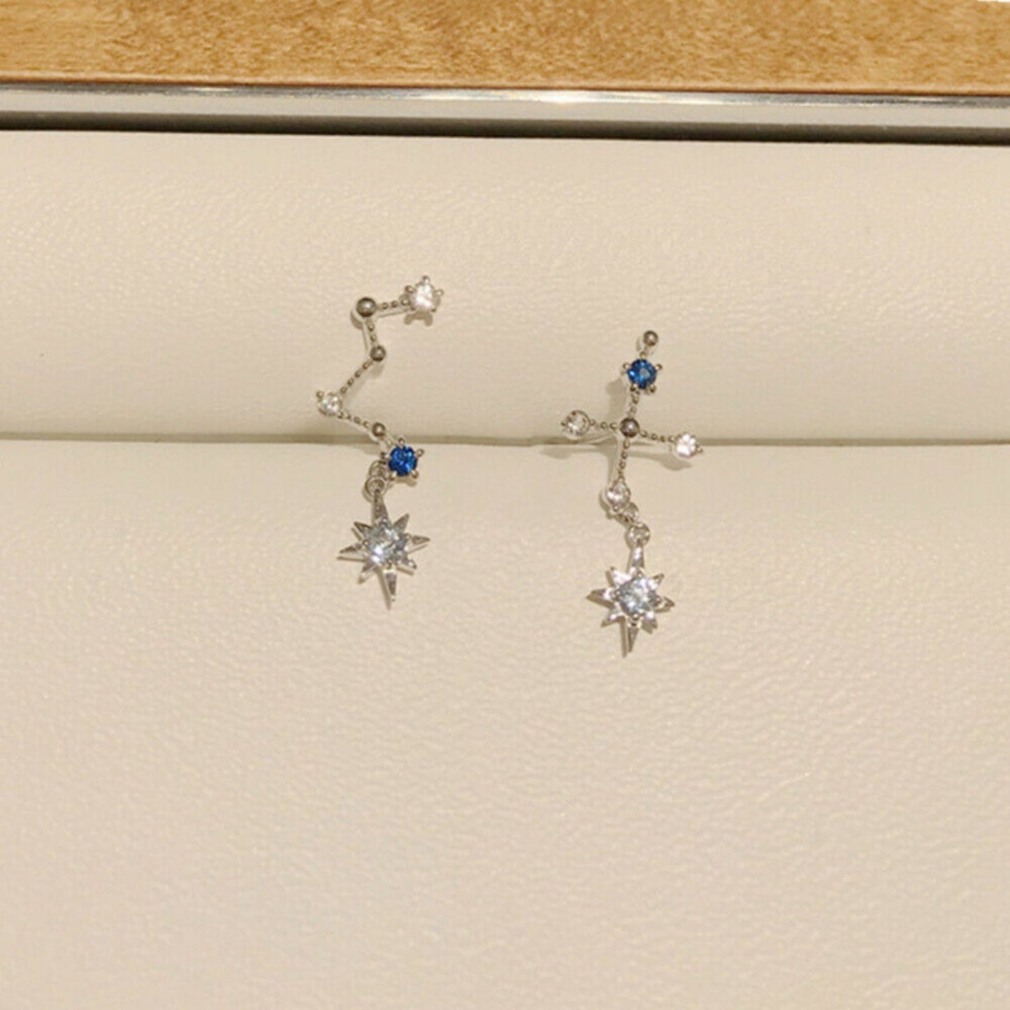 Sterling Silver CZ Big Dipper Blue Polaris Star Cross Climber Drop Earrings - sugarkittenlondon