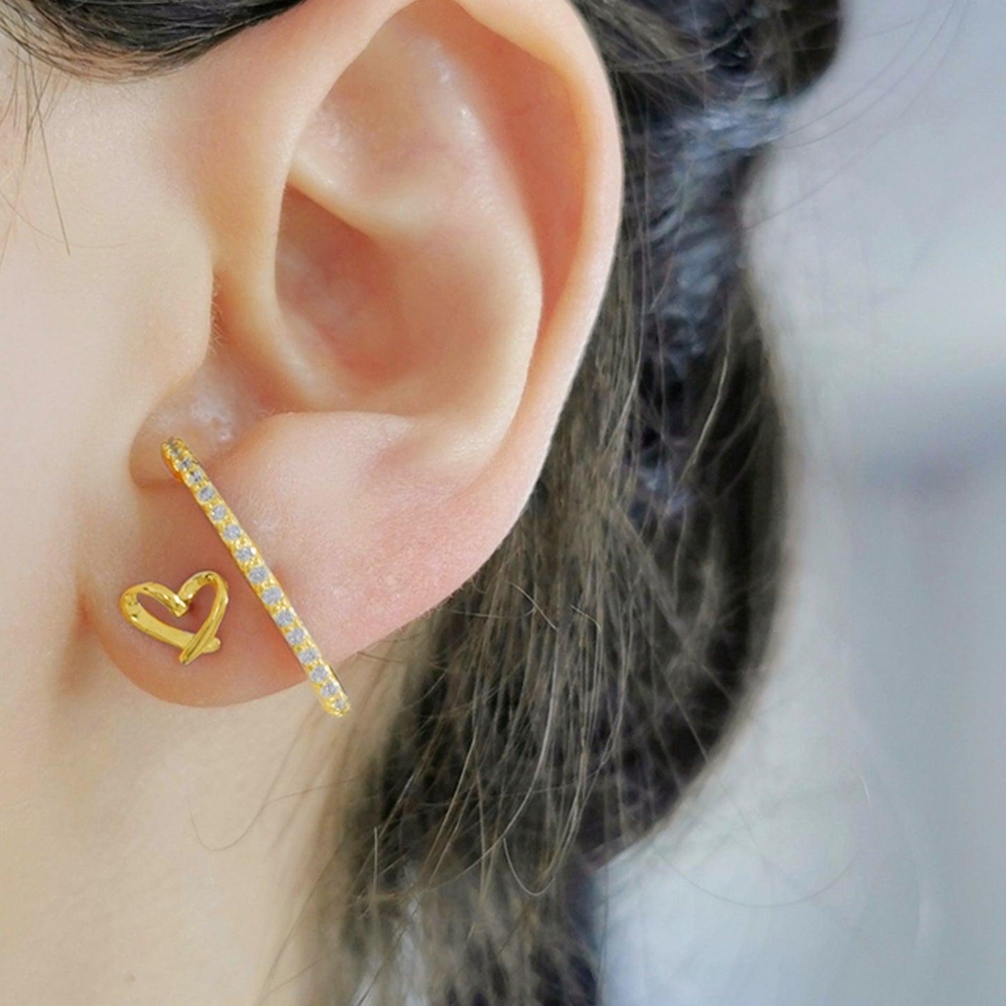 18K Gold Eternity Suspender Line Cuff Stud Earrings with Paved CZ