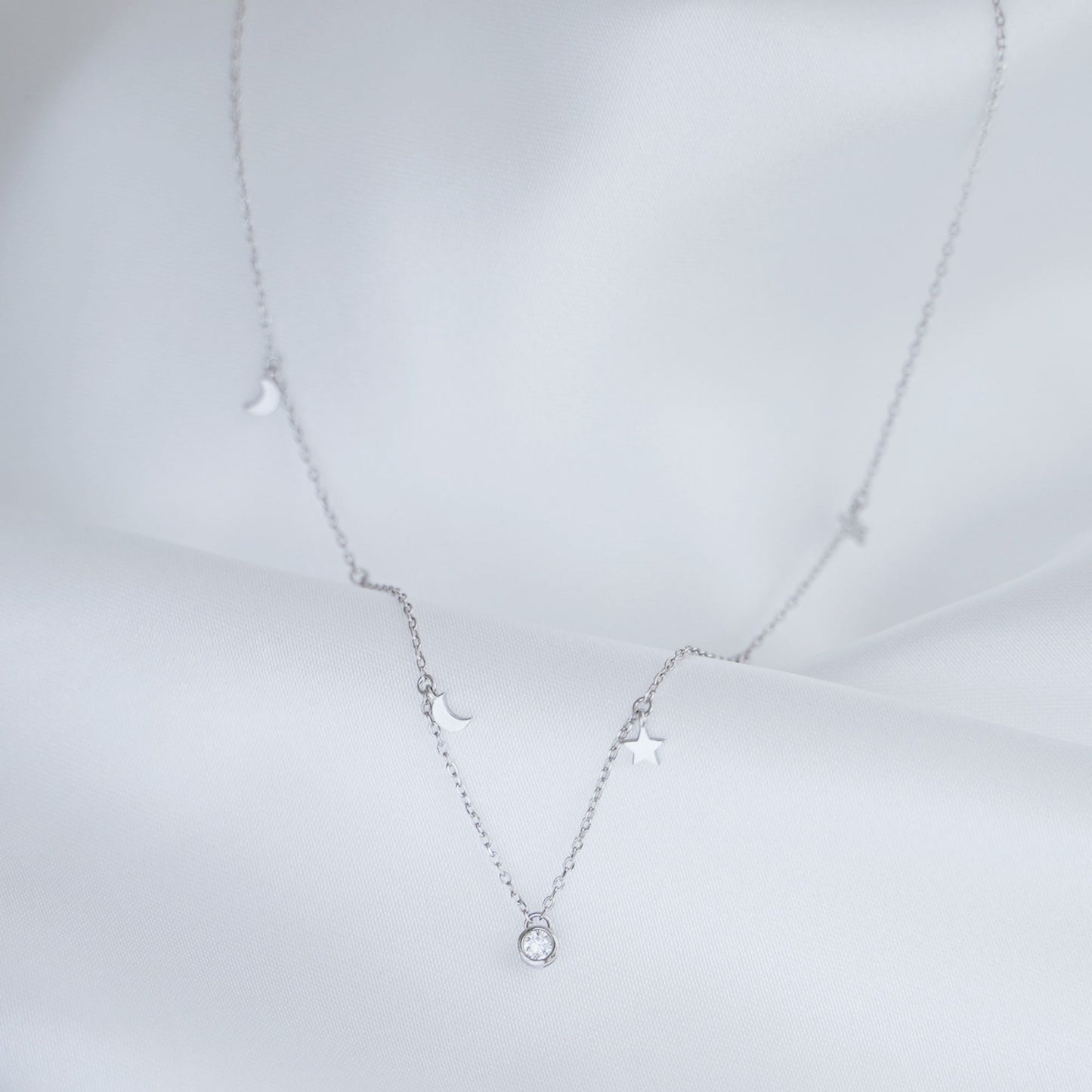 Sterling Silver Mini Star Crescent Moon Bezel Solitaire Charm Drip Necklace 2 Tones - sugarkittenlondon