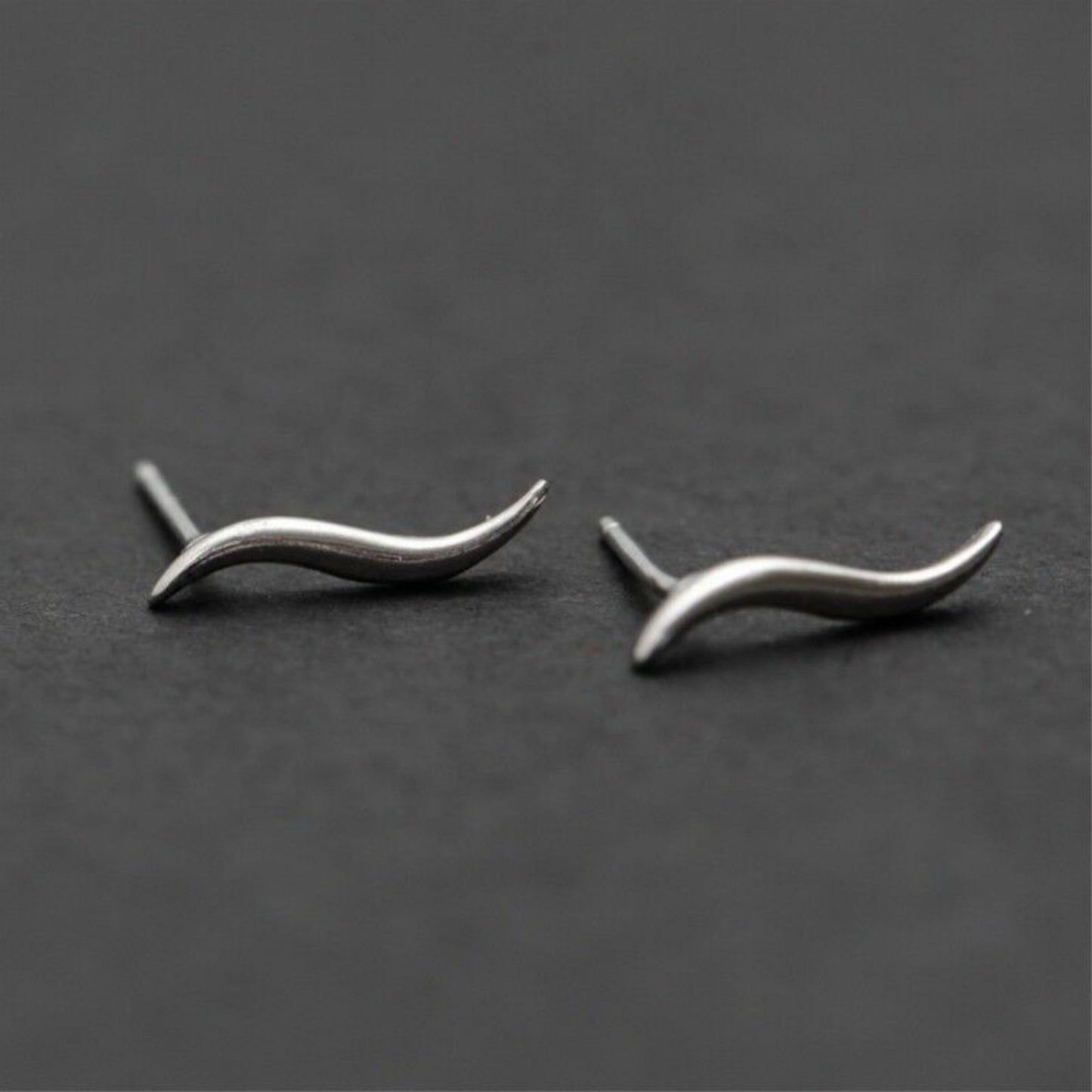 Sterling Silver Solid Small Wavy Vine Line Flash Climber Post Stud Earrings - sugarkittenlondon