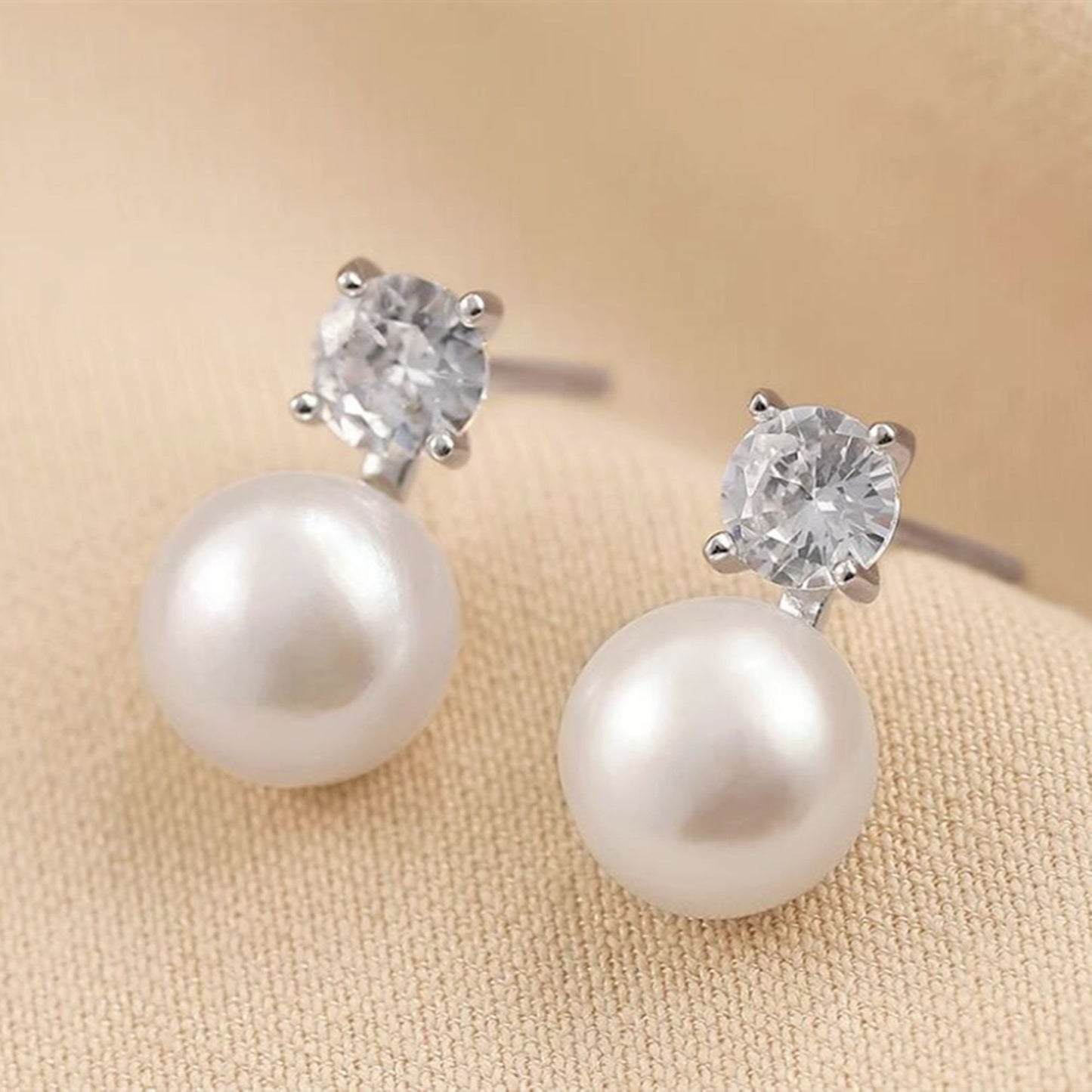 Sterling Silver 8MM Cultured White Freshwater Pearl 4mm CZ Studs Earrings - sugarkittenlondon