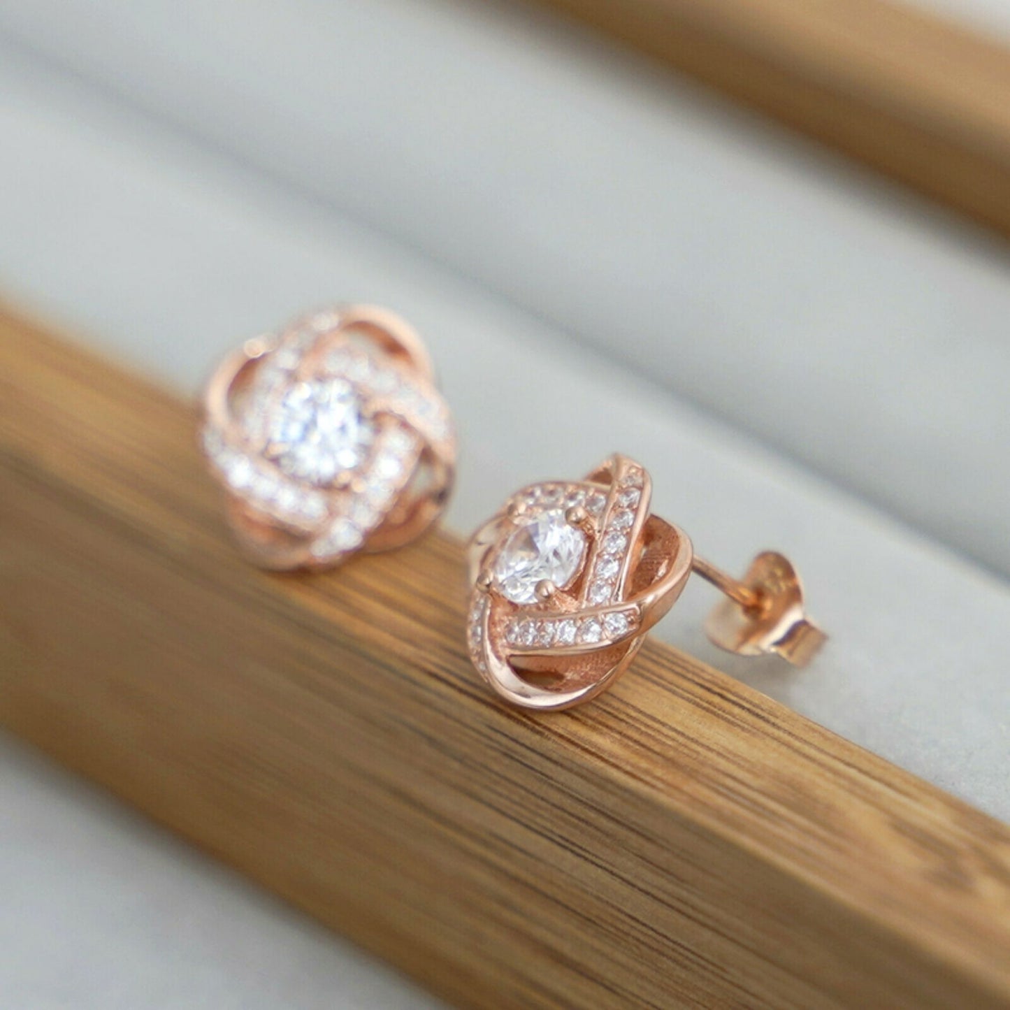 Rose Gold on Sterling Silver CZ Halo Knot Flower Stud Earrings Jewellery Lady II - sugarkittenlondon