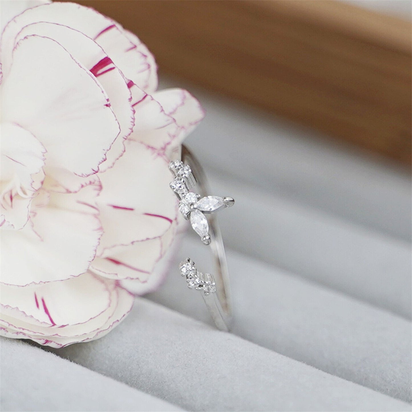 Rhodium on Sterling Silver Sparkling Crystal CZ Butterfly Open End Ring - sugarkittenlondon