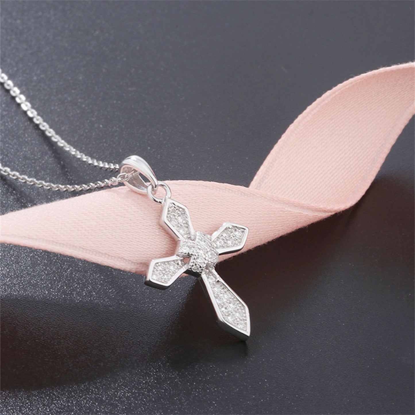 Sterling Silver Passion Cross Diagonal Cross Centre Paved CZ Pendant Necklace - sugarkittenlondon